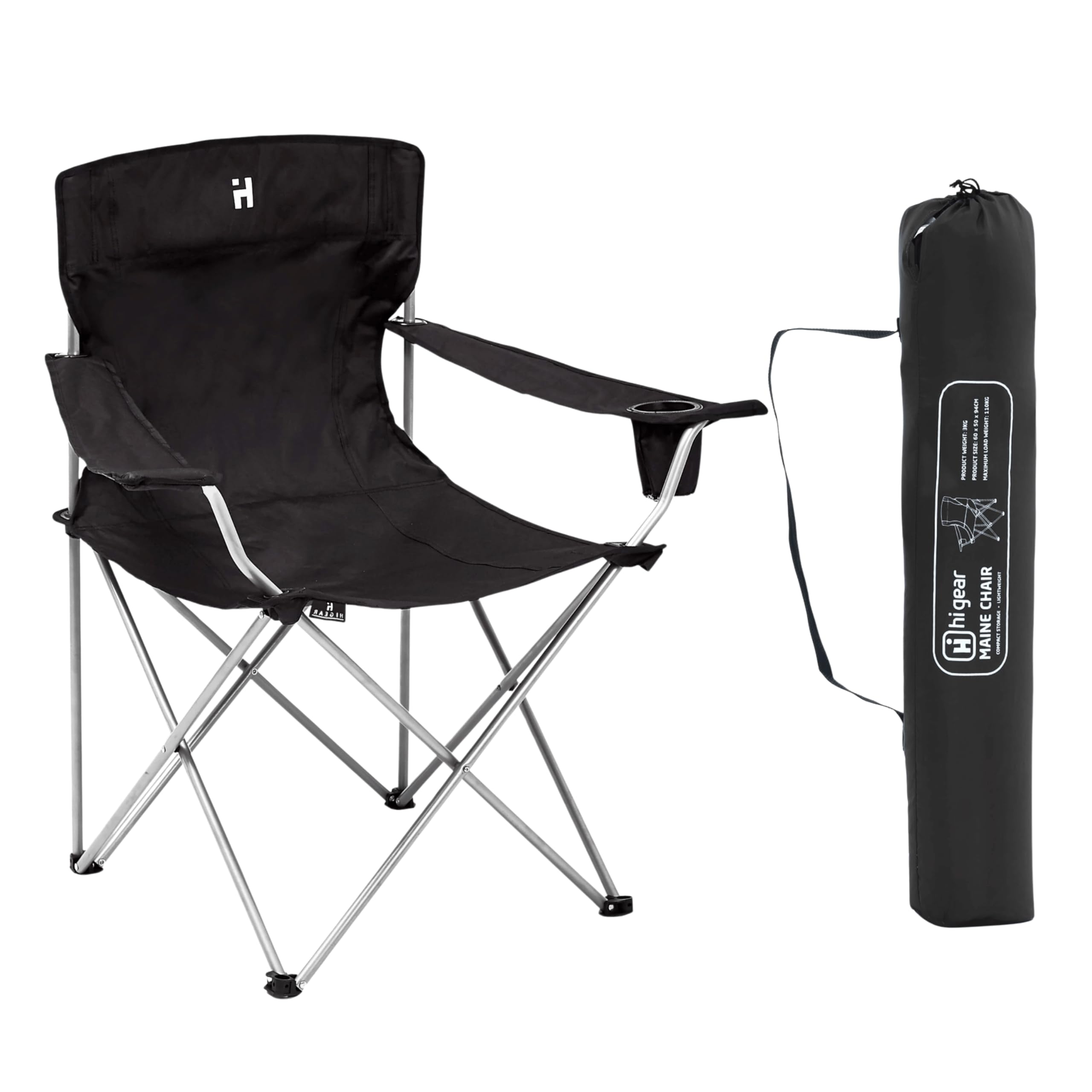 Hi-Gear Maine Folding Chair with Drinks Holder & Arm Rests for Adults & Kids, Lightweight, Portable & Compact Includes Carry Case, Ideal for Camping, Festivals, Picnics, Beach & Outdoor Events (Black)