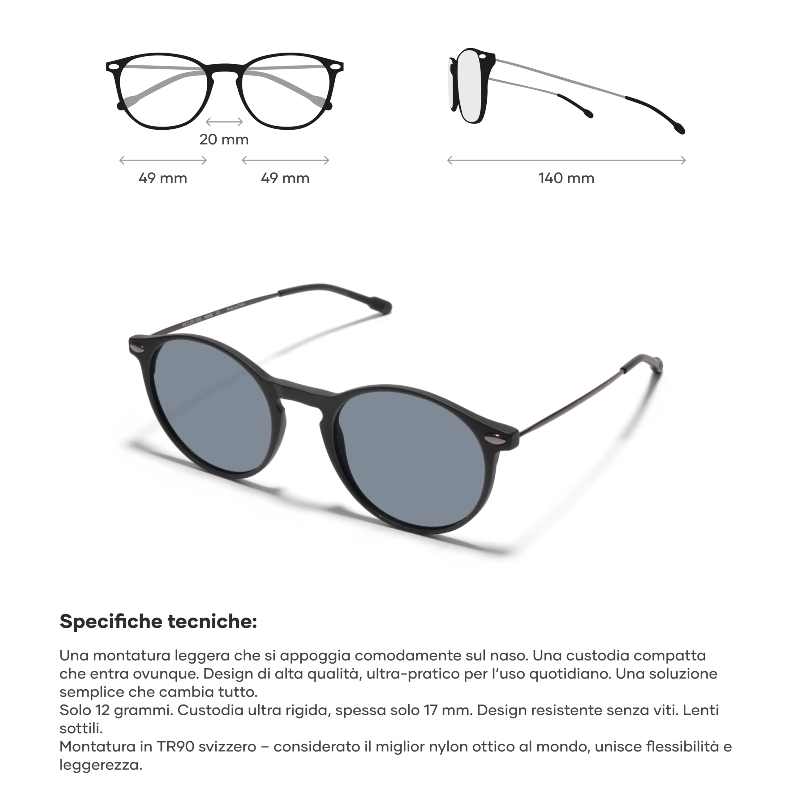 NOOZ Optics Occhiali da Sole Polarizzati Unisex - Eleganti e Sottili - Protezione 100% UV - Occhiali da Sole Uomo e Donna - Custodia Compatta - CRUZ - Rotonda