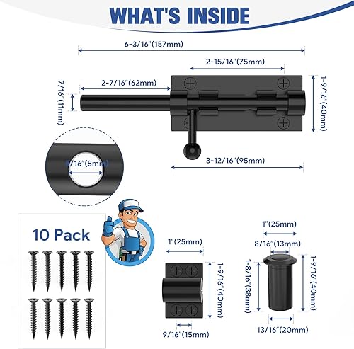Miniatura 4 de Pestillo de perno de barril, cerradura de puerta de perno deslizante, 6.3 pulgadas, resistente acero inoxidable 304, acabado negro, para valla,