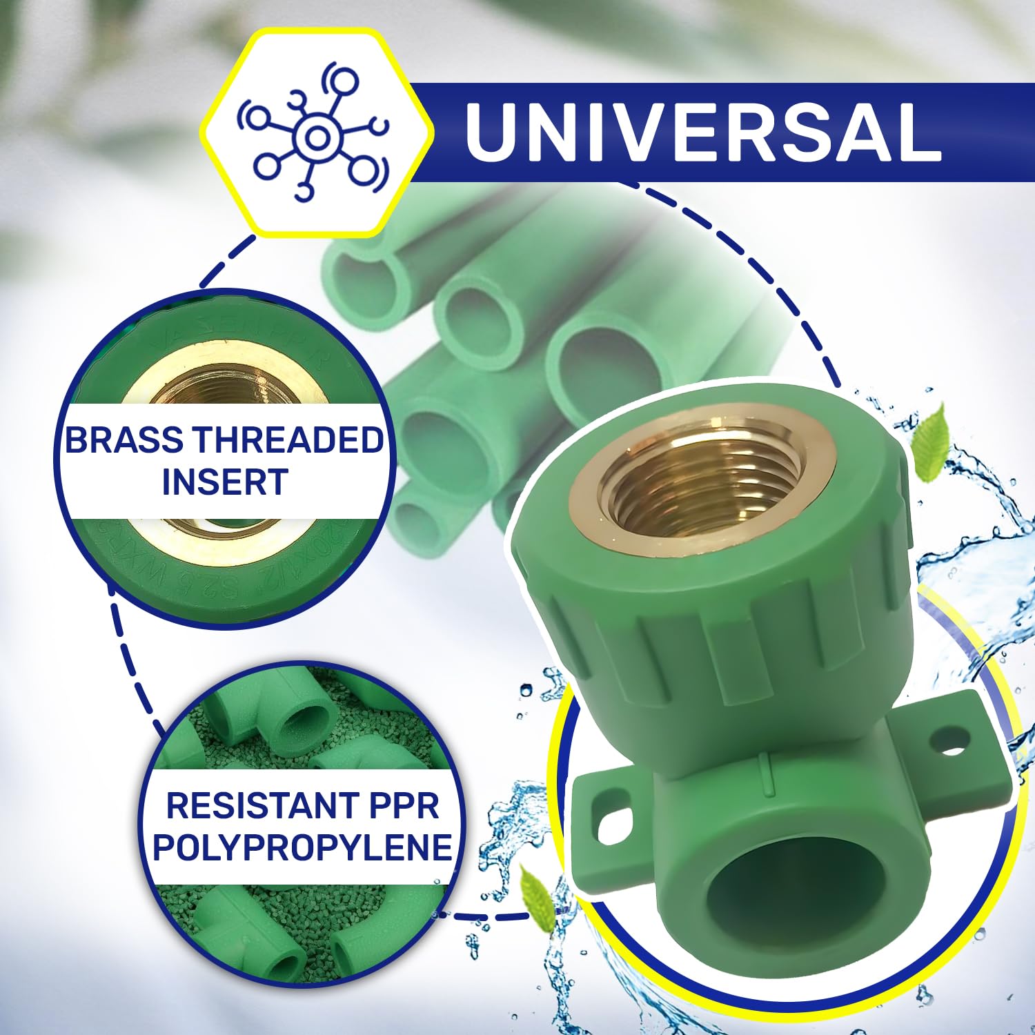 Fitting diameter 20 mm x 1/2″ 90° Elbow with Wall Bracket and Connector Made of PP-R and Metal Internal Thread for Connecting Metal Pipe with Thread to Polypropylene Plastic Pipe - Image 3