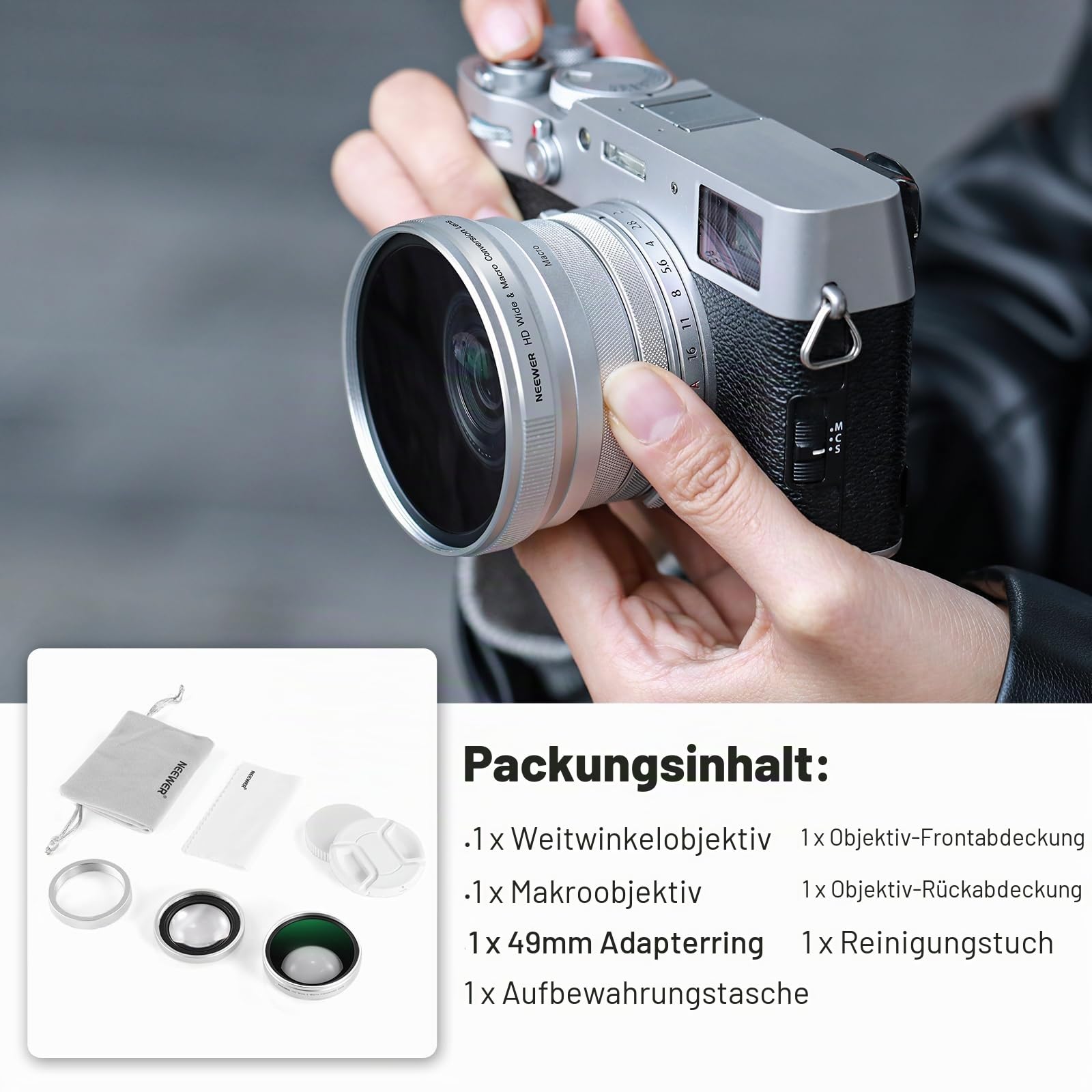 NEEWER 49mm 0,75x Weitwinkel und 1,4X Makro Objektiv Zusatz Lens für Kameras der X100-Serie HD 2 in 1 Objektiv mit 49mm Adapterring für Fujifilm X100 X100S X100F X100T X100V X100VI Kameras LS-47