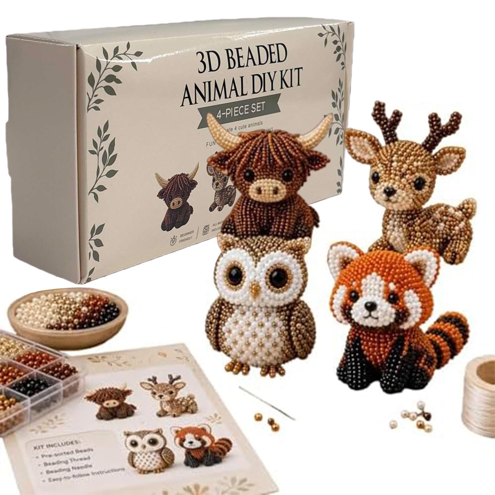 Owl Raccoon Highland Cattle Elk Tiny 3D Beaded Animal Diy Kit, Handmade 3D Beadwork Set With Instructions, Cute Bird & Animal Beading Art Craft Kit, Beginner Friendly For Adults & Craft Lovers