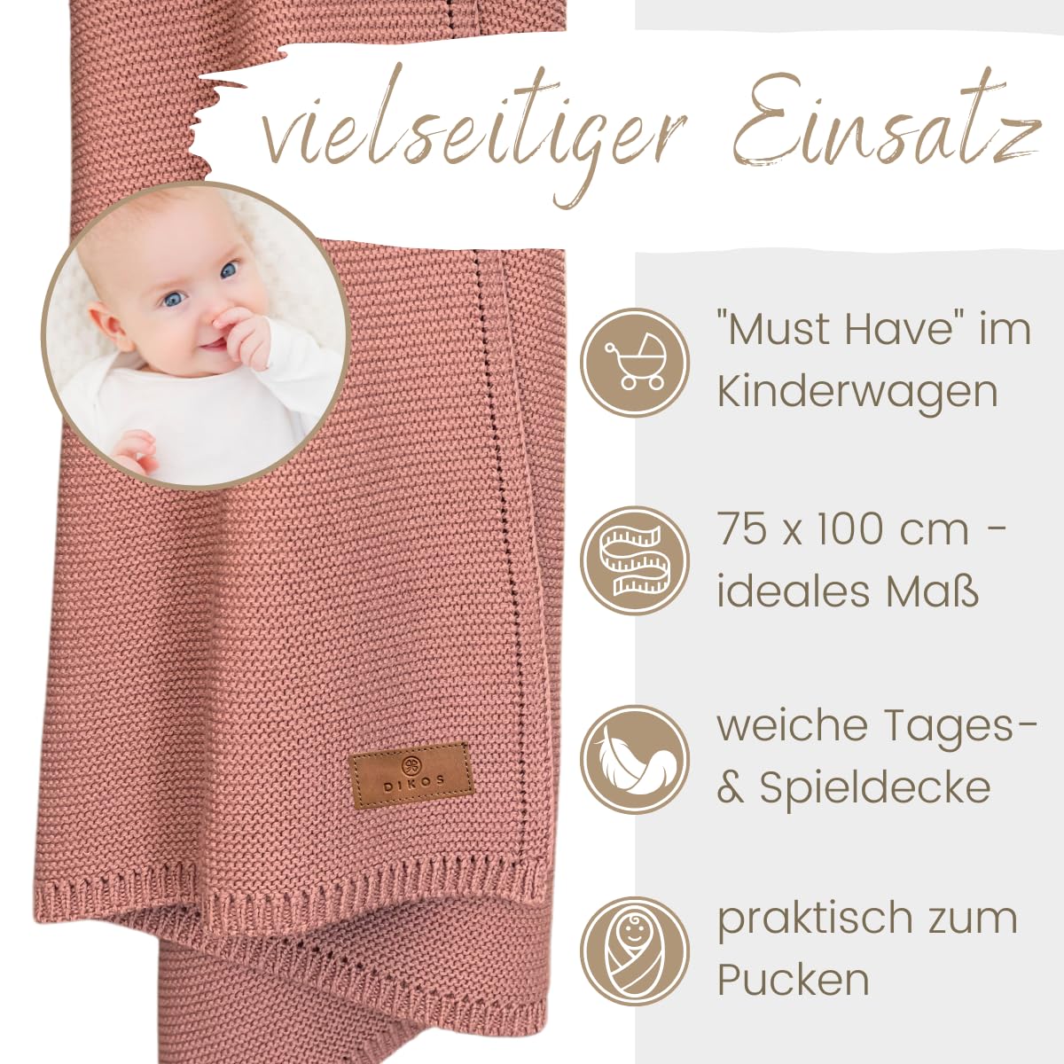 DIKOS Babydecke 100% Bio-Baumwolle – Strickdecke für Neugeborene Mädchen | Weiche, atmungsaktive Baby Decke. GOTS- & Oeko-TEX zertifiziert. Kuscheldecke, Geschenk zur Geburt & Babygeschenk, Beere