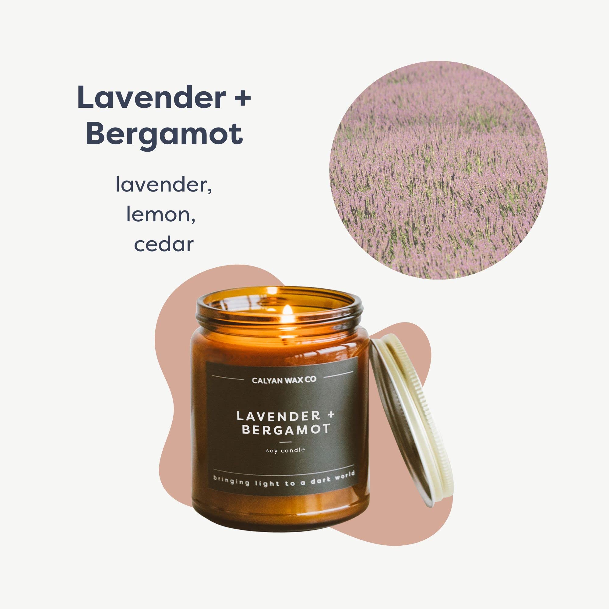 Calyan Wax Vela de cera de soja, vela perfumada de lavanda y bergamota para el hogar, velas de primera calidad con aceites esenciales, velas de soja en tarro de vidrio ámbar, regalo de aromaterapia