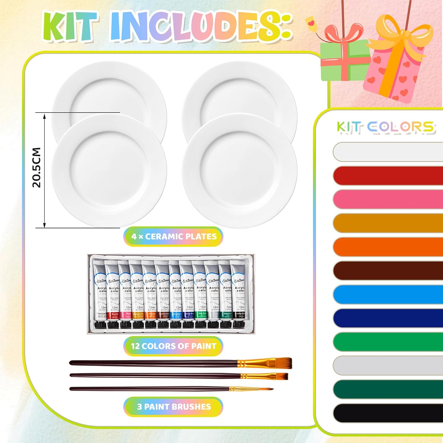 Vesici DIY Paint Your Own Ceramic Plate Kit, Birthday Gift Set for Adults, 4 Food-Safe Paint, Creative Family Activity & Date Night Party (8 Inch)