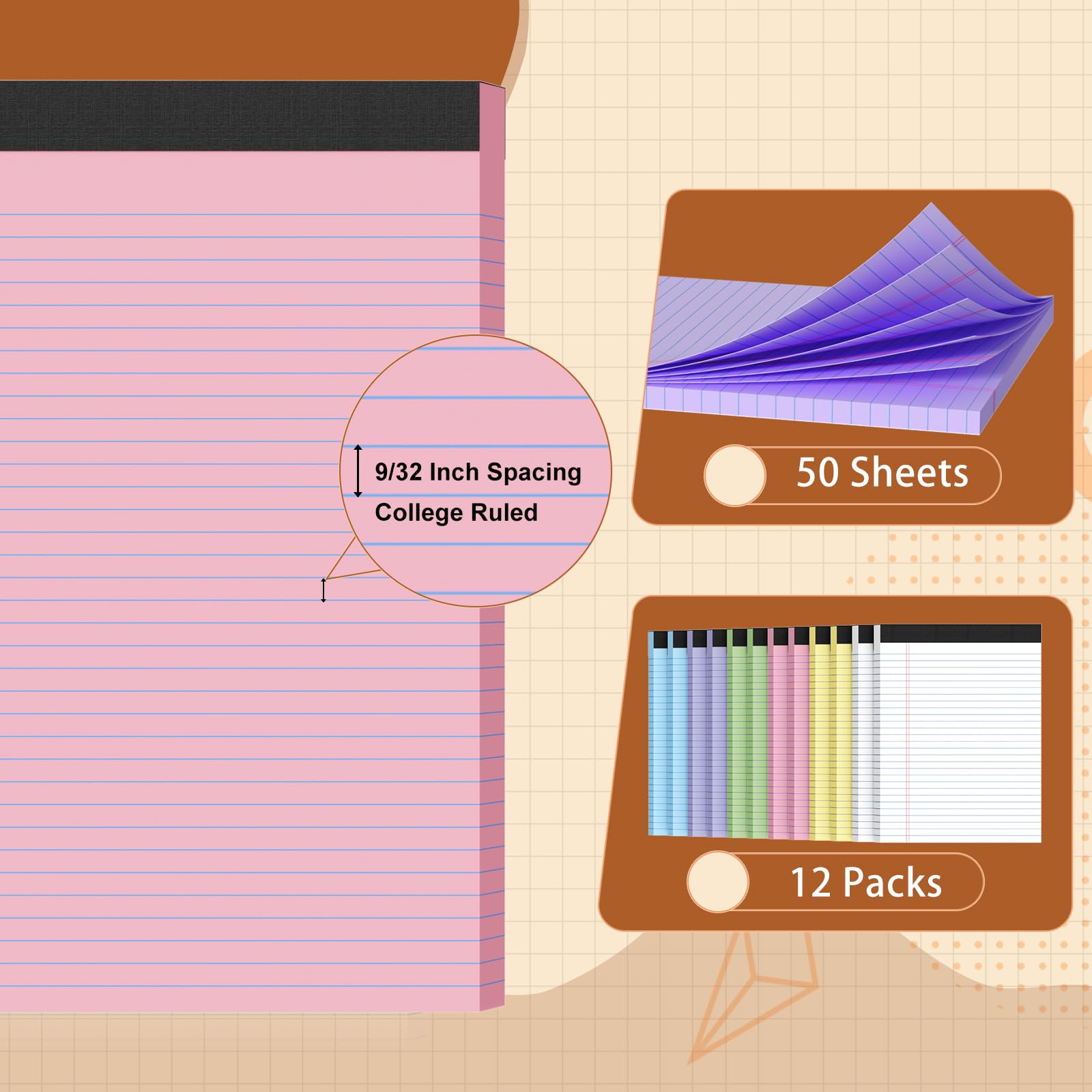 Lot de 12 blocs-notes légaux de 21,6 x 27,9 cm, 50 feuilles/bloc, blocs juridiques colorés, bloc-notes détachables, bloc-notes perforé, papier ligné pour bureau, maison, école, bloc-notes