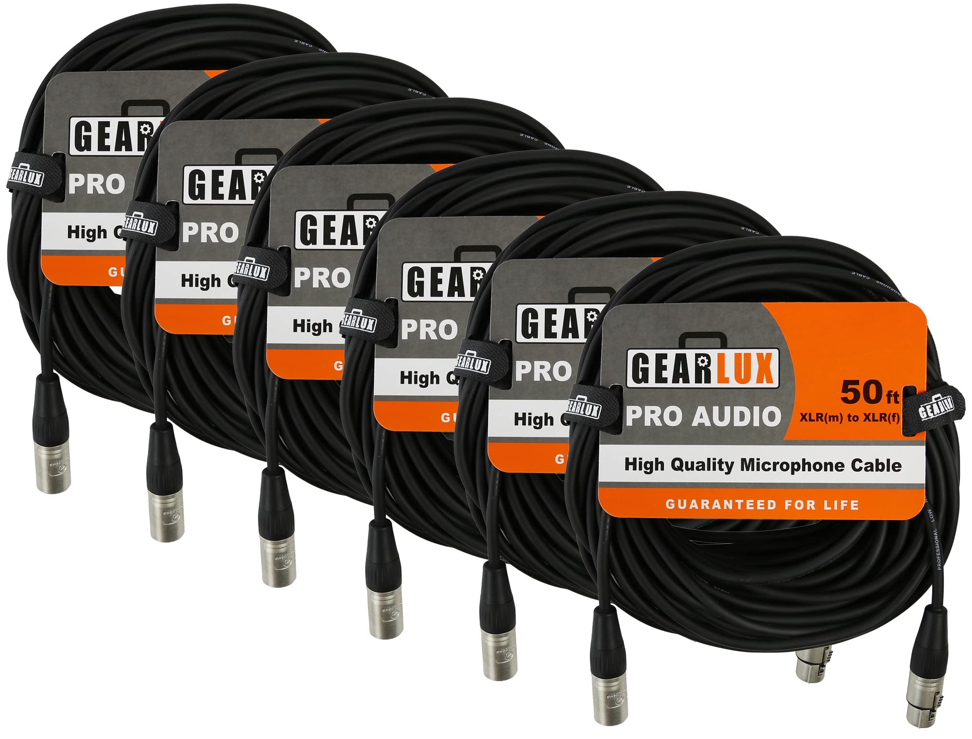 Gearlux XLR Microphone Cable, Fully Balanced, Male to Female, 50 Feet - 6 Pack