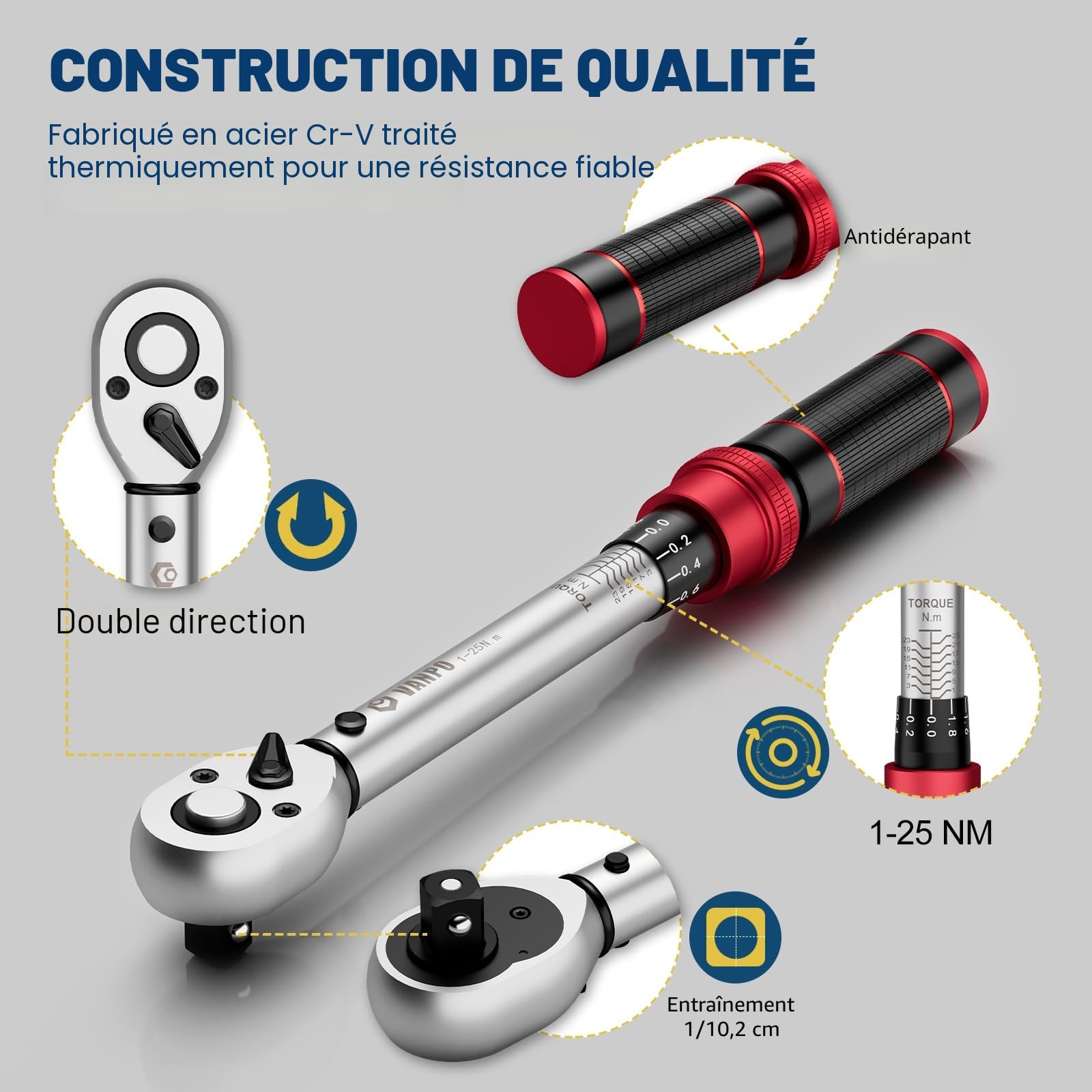 VANPO Clé Dynamométrique Vélo, 1-25NM, 32 Pièces Cle Dynamometrique Kit avec Barre D'extension, Bits Adaptateur, Torx, Phillips,Taglio,Esagonali, Pozidriv pour Vélos Route y Montagne, Moto