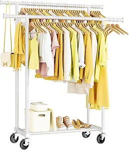 Double Rods Clothes Rack, Rolling Clothing Rack for Hanging Clothes Portable Wardrobe Rack, Metal Garment Rack Sturdy Coat Rack for Bedroom Laundry Living Room, White