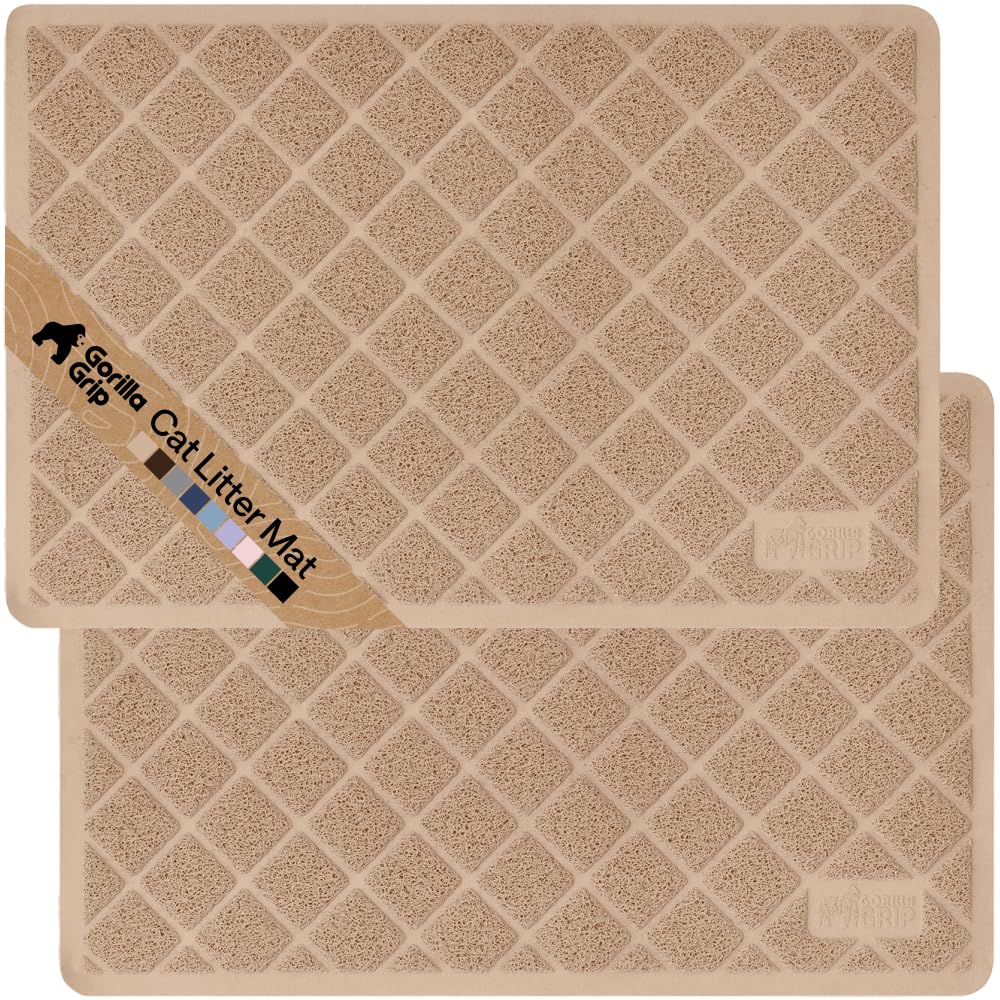 GORILLA GRIP Cat Litter Box Mat, Cushioned Coil Mesh Litter Trapping Mats, Scatter Control Supplies for Less Mess, Phthalate Free, Ultra Deep Catch Grooves, Rinse or Vacuum to Clean 24x17 Beige 2 Pack
