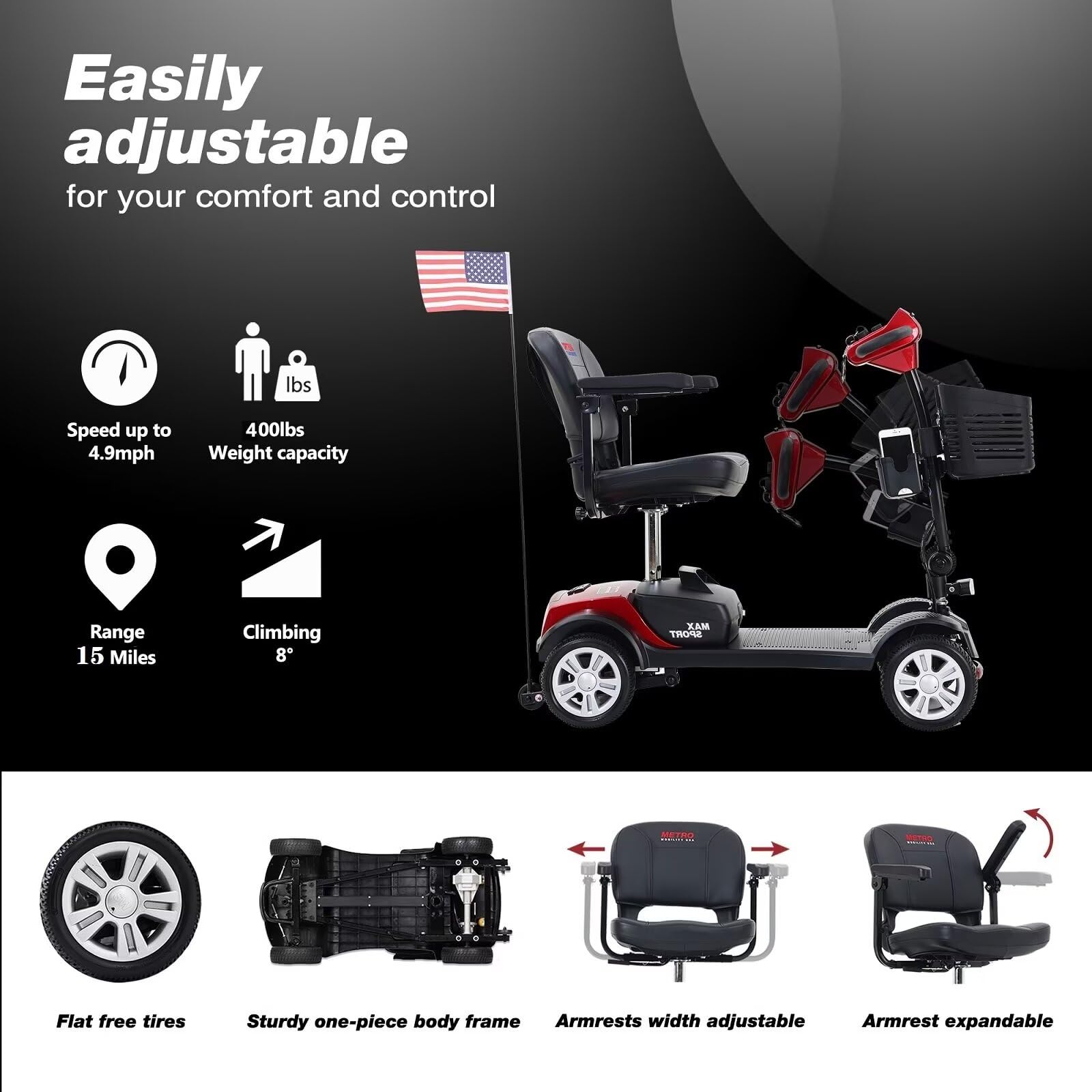 4 Wheel Mobility Scooter 400 lb Capacity, Foldable Electric Scooter for Seniors and Adults, Heavy Duty Travel Model with Lights, Basket, and 300W Long-Lasting Battery -Red