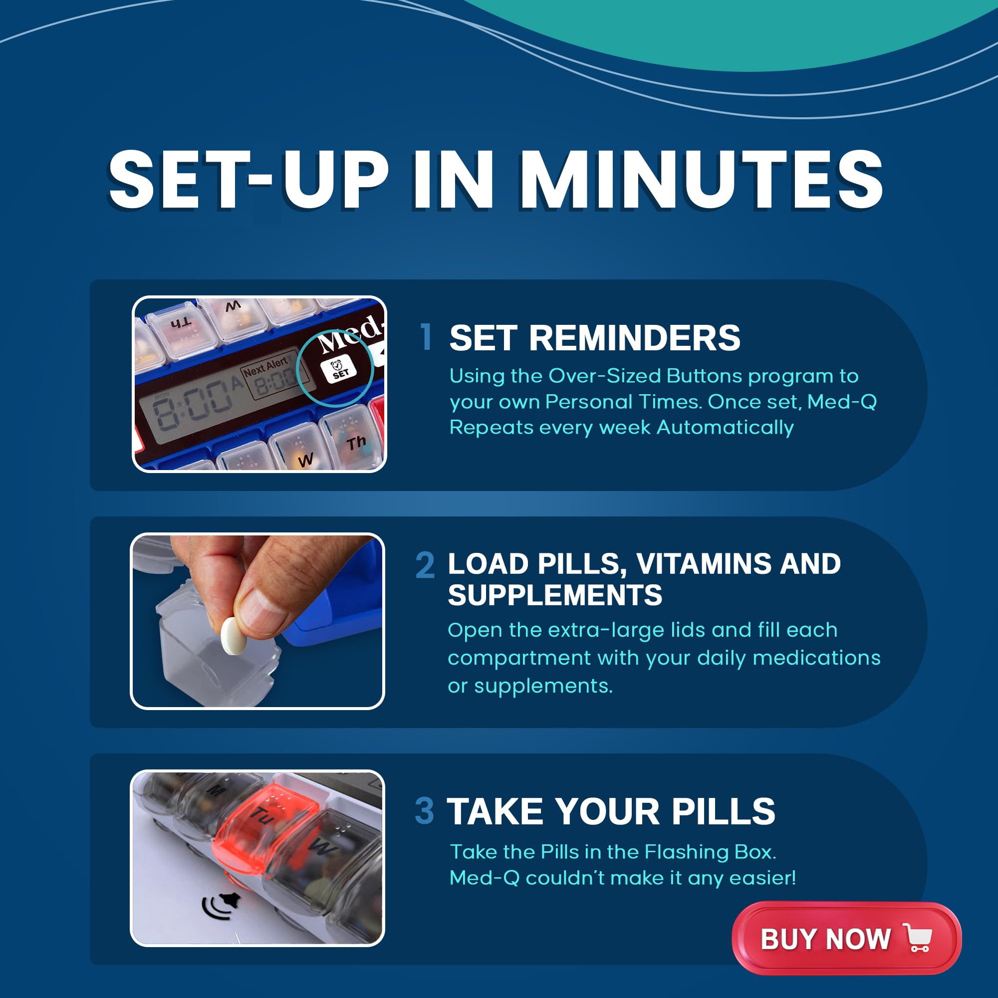 med-q Single Beep Reminder Automatische Medikamenten blau pille Box Spender