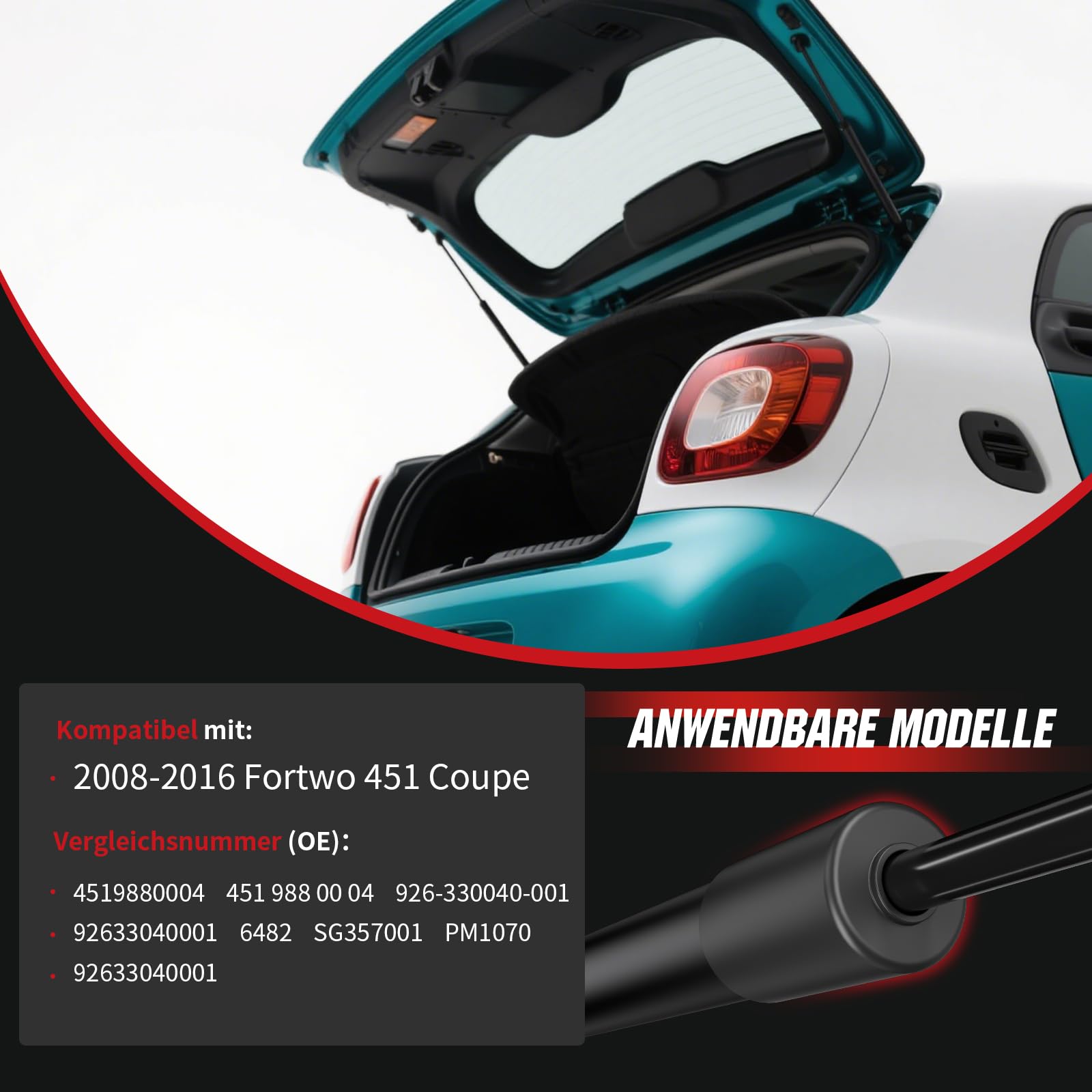 Molla a gas per portellone posteriore compatibile con Smart Fortwo 451 Coupe (2008-2016), OTUAYAUTO 2 pezzi ammortizzatori per portellone posteriore – sostituisce 4519880004, 92633040001, SG357001