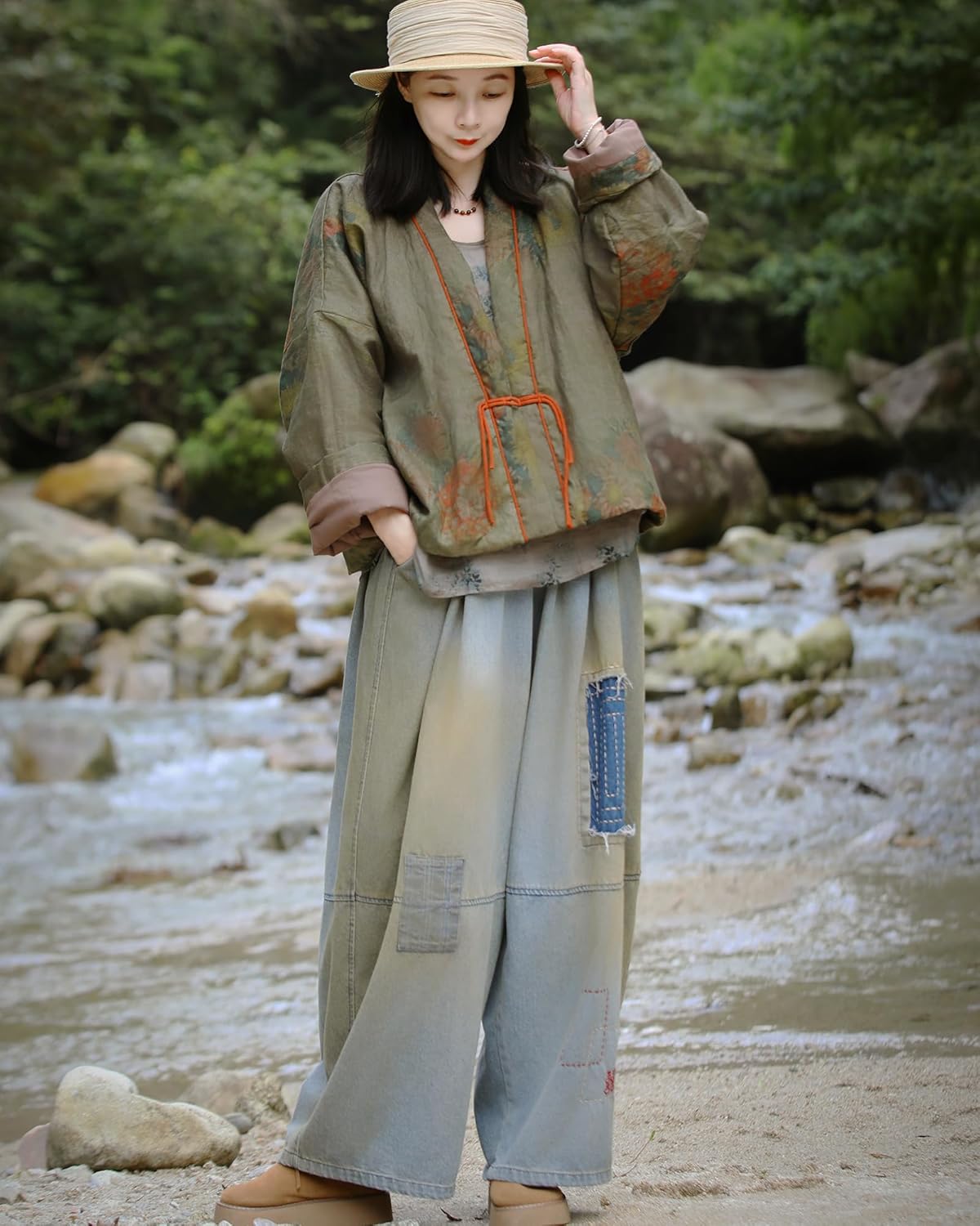 LUZU JUNU Women's Floral Printed Short Quilted Jacket Open Front V-Neck Shawl Collar Drop Shoulder Vintage Outwear