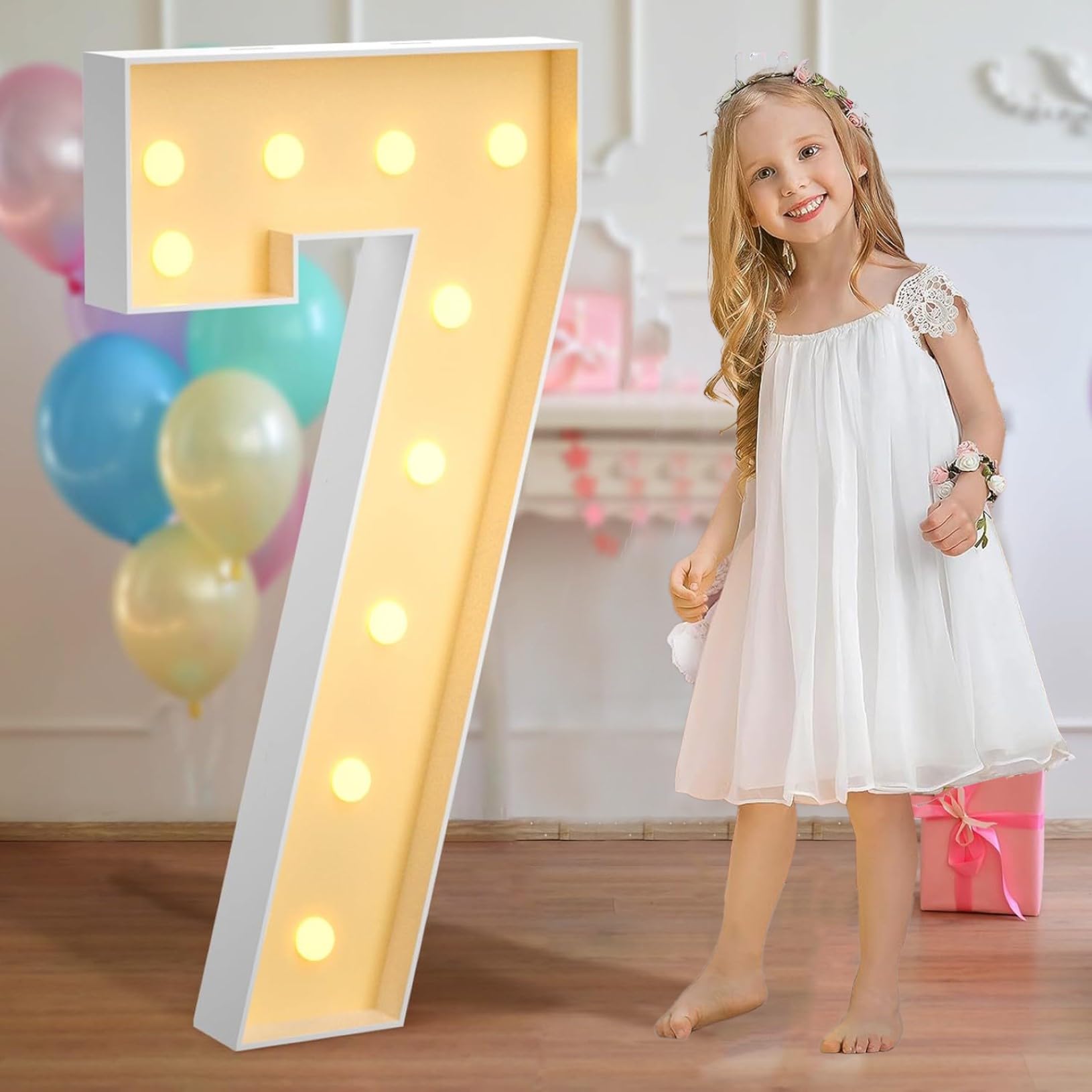 Marquee Light Up Number 7 Warm Light, Warm White Decorative LED Lights Sign, Pre-cut Foam Board Set for Wedding Valentine Birthday, 100cm-3.3ft