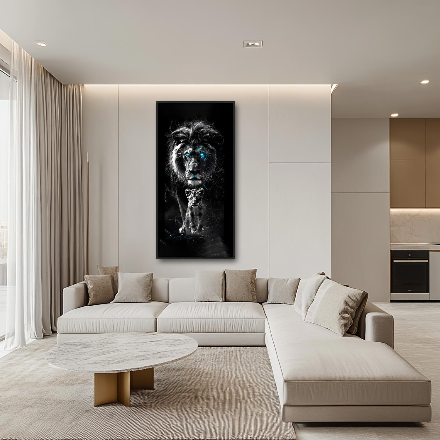 Flintis Large Lion Framed Wall Art Black and White Lion Pictures Wall Decor Abstract Animal Canvas Painting Print Artworks Decoration for Living Room Bathroom Master Bedroom Office 60L X 30W