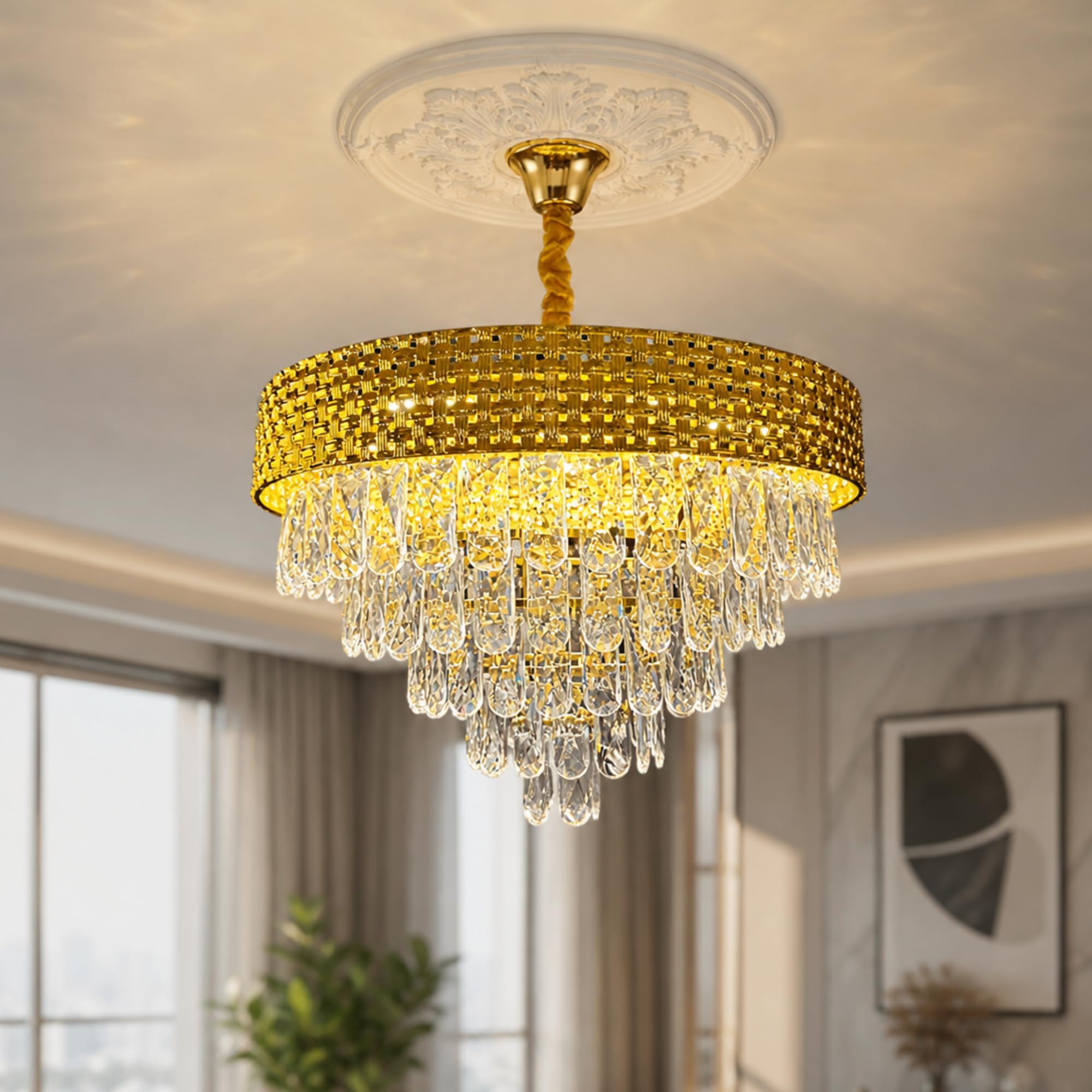 Desidiya LED 400MM Golden Netmesh Modern Chandelier Lights for Ceiling Living Room K9 Crystals Antique Jhumar Light for Hall Decoration, Luxury Ceiling Fixture Light for Living Room, Dining Room-image-19