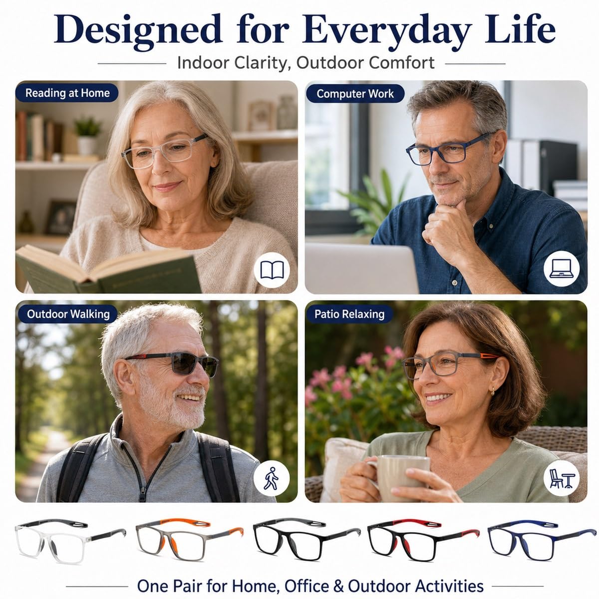 Generisch 3er-Pack Gleitsichtbrille Damen Herren Selbsttönend, Progressive Multifokus Lesebrille, Blaulichtfilter, TR90 Sport Rahmen
