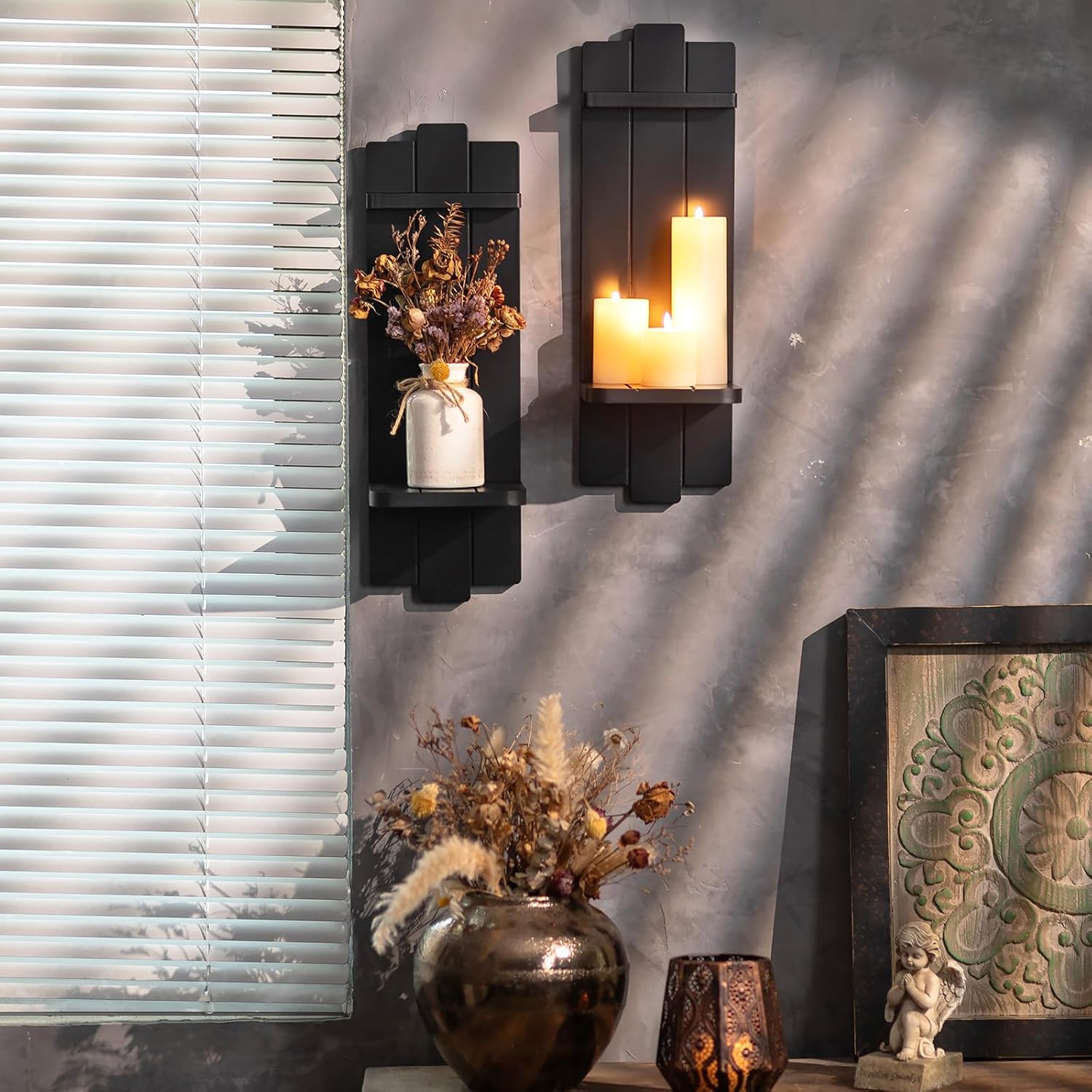 Black Candle Holder Wall Decor - 19.7 Inch Large Rustic Wooden Candle Sconces Wall Shelf for Pillar Candles Vases - Gothic Decoration for Halloween Bathroom Living Room