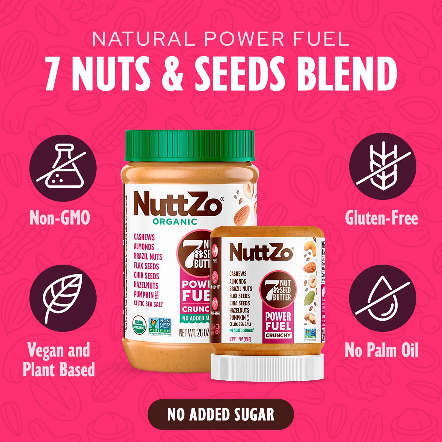 NuttZo Power Fuel Organic & Natural Crunchy Nut Butter Bundle | 7 Nuts & Seeds Blend | Vegan, Non-GMO, Gluten-Free Crunchy Almond Butter with Cashews, Hazelnuts & More | 26 oz & 12 oz Jar, 2 Pcs Total