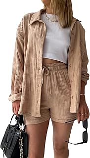 Geagodelia Women\'s 2 Pieces Outfit Summer Ladies Co Ord Set Button Down Shirt Top + Shorts Y2k Aesthetic Clothes Loungewear Streetwear Workout