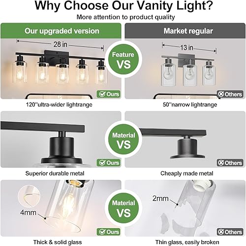 Miniatura 112 de Lámparas de baño de 3 luces, luces de tocador de latón para baño con pantallas de vidrio transparente, modernos apliques de pared de baño