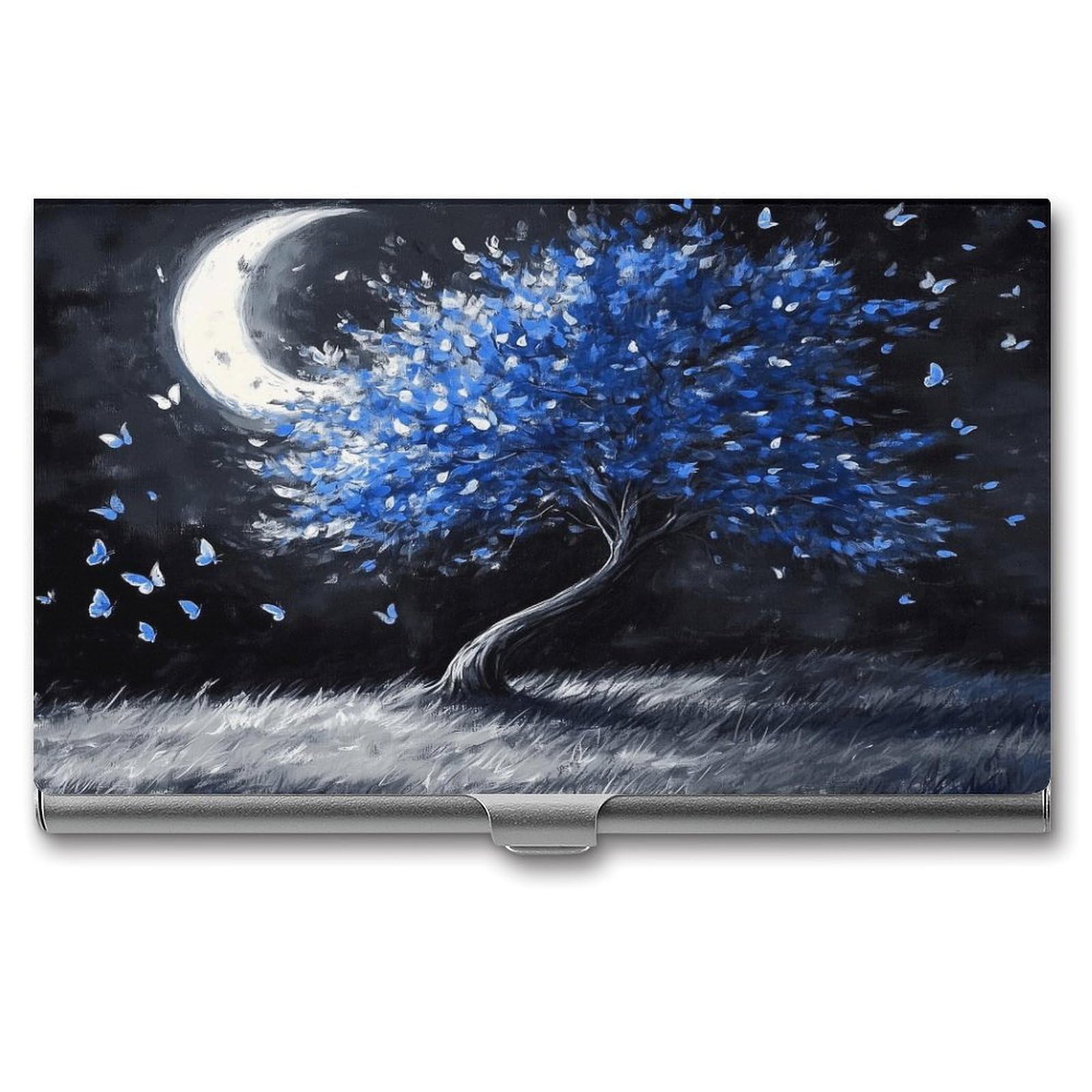 Blue Tree in The Crescent Moonlight Business Card Holder Pocket Slim Portable Metal Business Card Case