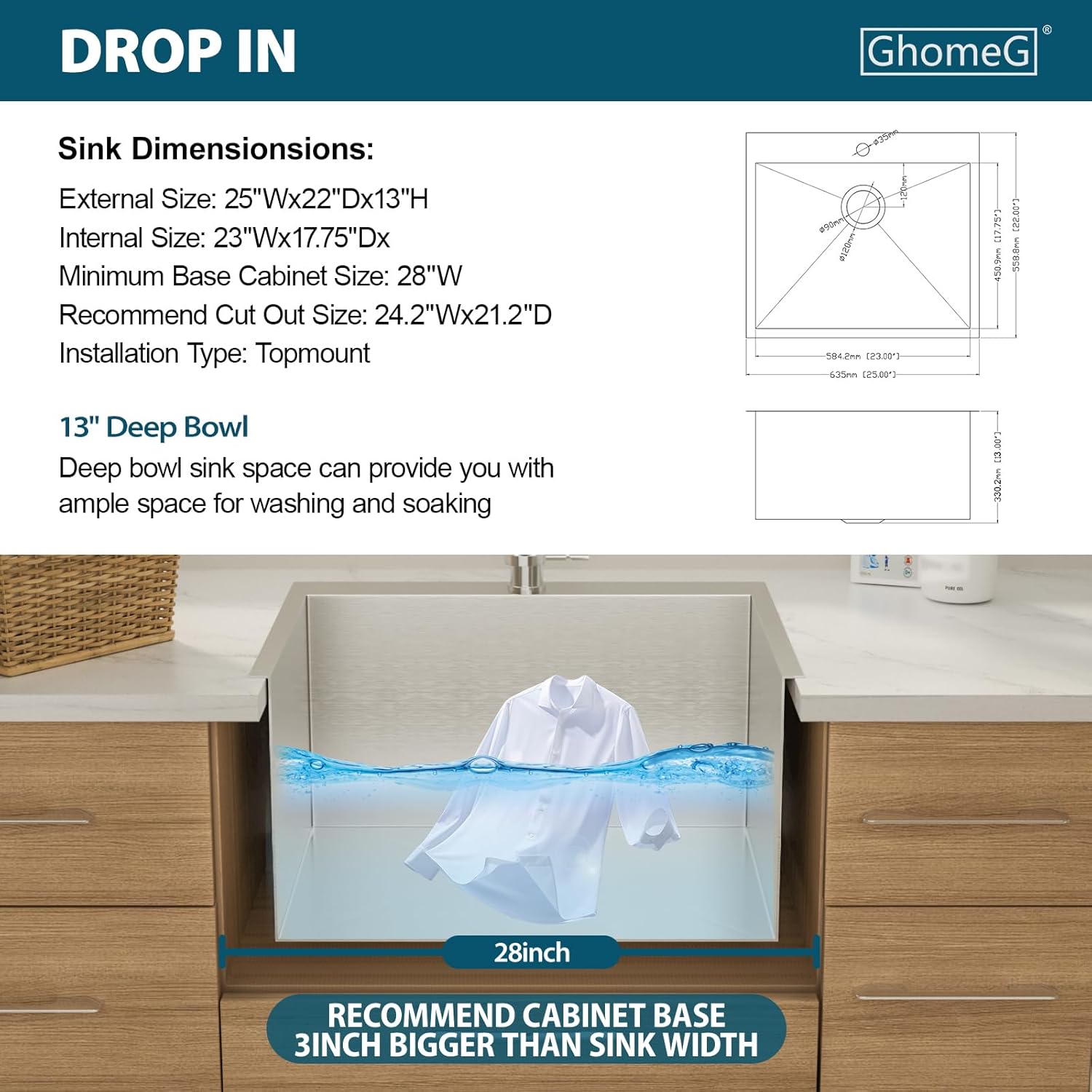 Drop In Laundry Sink 22x22x13 Inch Laundry Utility Sink Drop In Topmount Single Bowl 16 Gauge Stainless Steel Above Counter Kitchen Laundry Room Sinks