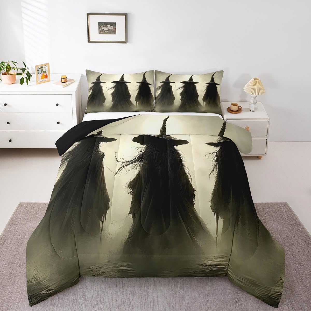 Erosebridal Halloween Comforter Set Three Witches Vintage Bedding Witch Decor Aesthetic Halloween Decorations Bedding Comforter Sets Happy Halloween