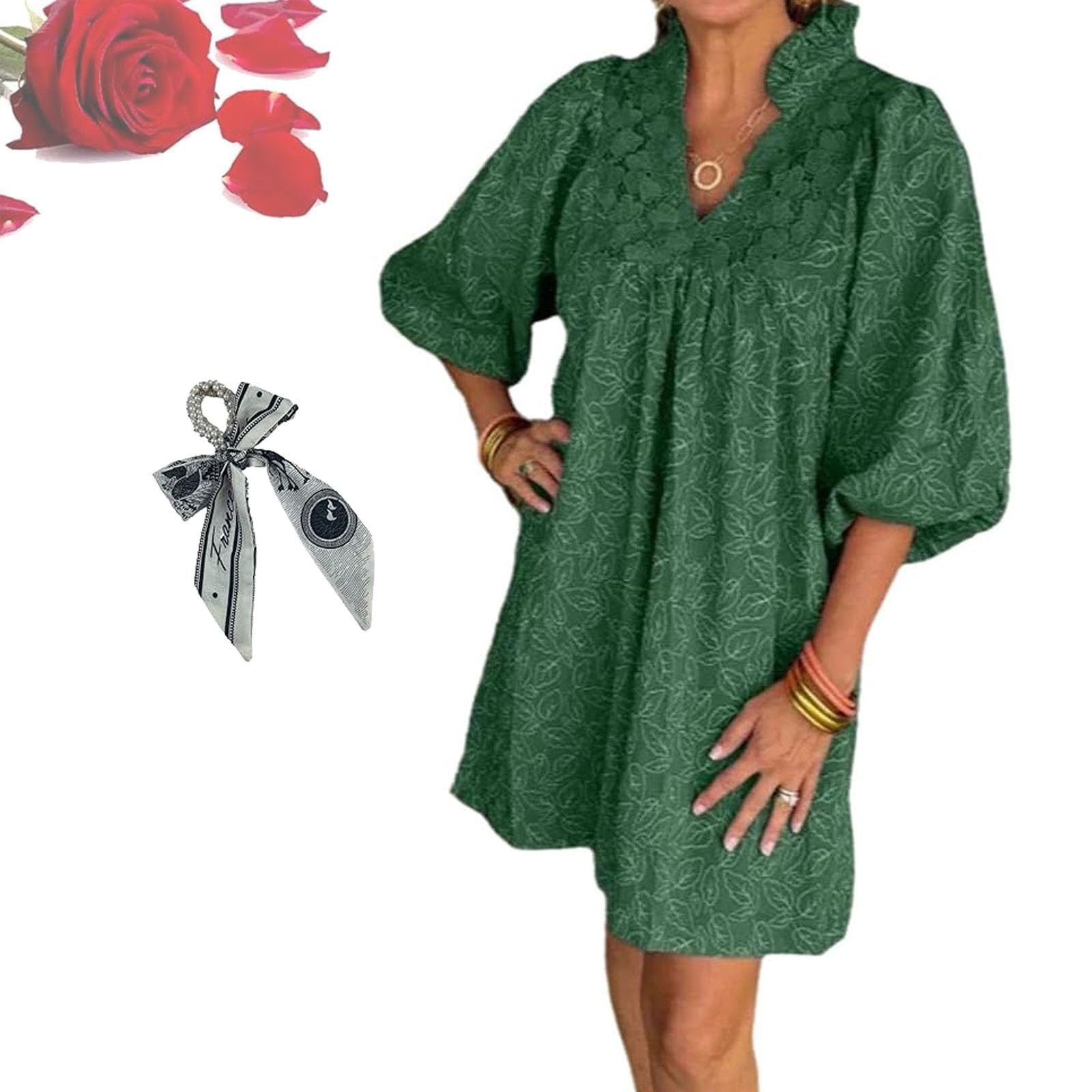 Women's Puff Sleeve Leaf Jacquard Mini Dress, V Neck Puffy Sleeves Dress for Women