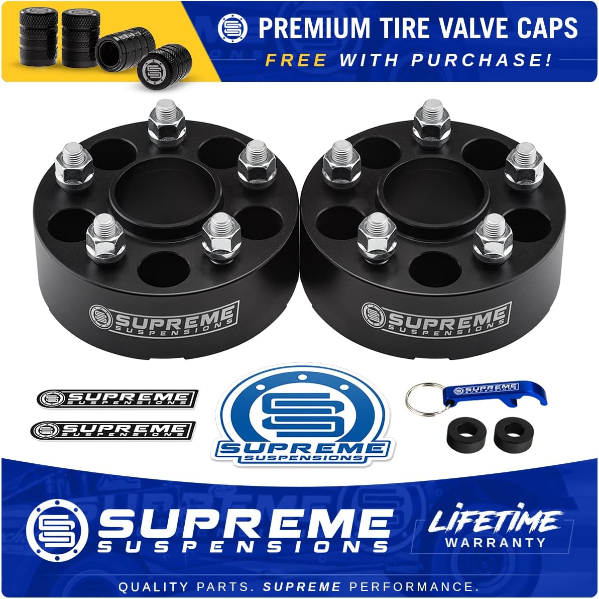 Supreme Suspensions - 2pc Set of 1.5" Hub Centric Wheel Spacers for 2021-2023 Ford Maverick [BP: 5x108mm / CB: 63.4mm / Studs: M14x1.5] - 4 Tire Valve Stem Caps Included