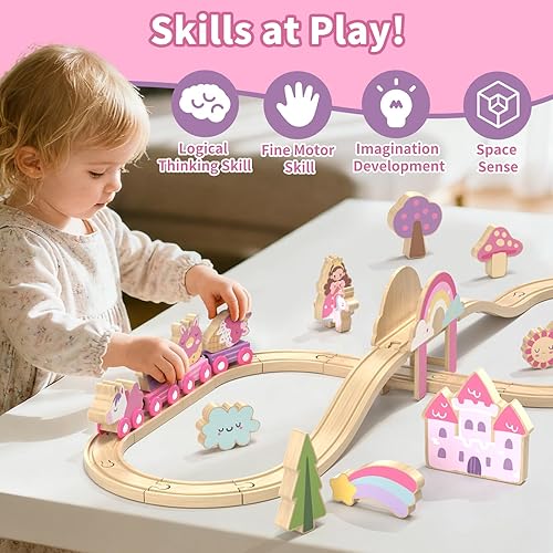 Miniatura 3 de Lehoo Castle Juego de tren de madera, juego de tren para niños pequeños de 2 a 4 años, pista de tren de madera para niñas, juguetes de unicornio
