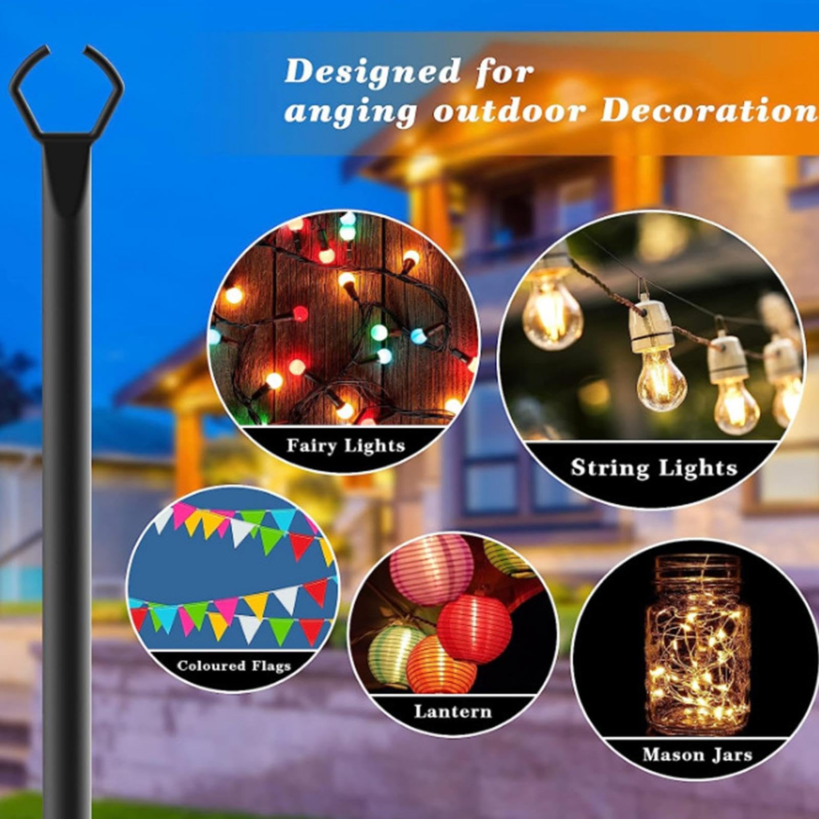 Pali luminosi da esterni e giardino in metallo robusto, ideali per illuminare prati e cortili, appendibili ghirlande luminose, decorazione