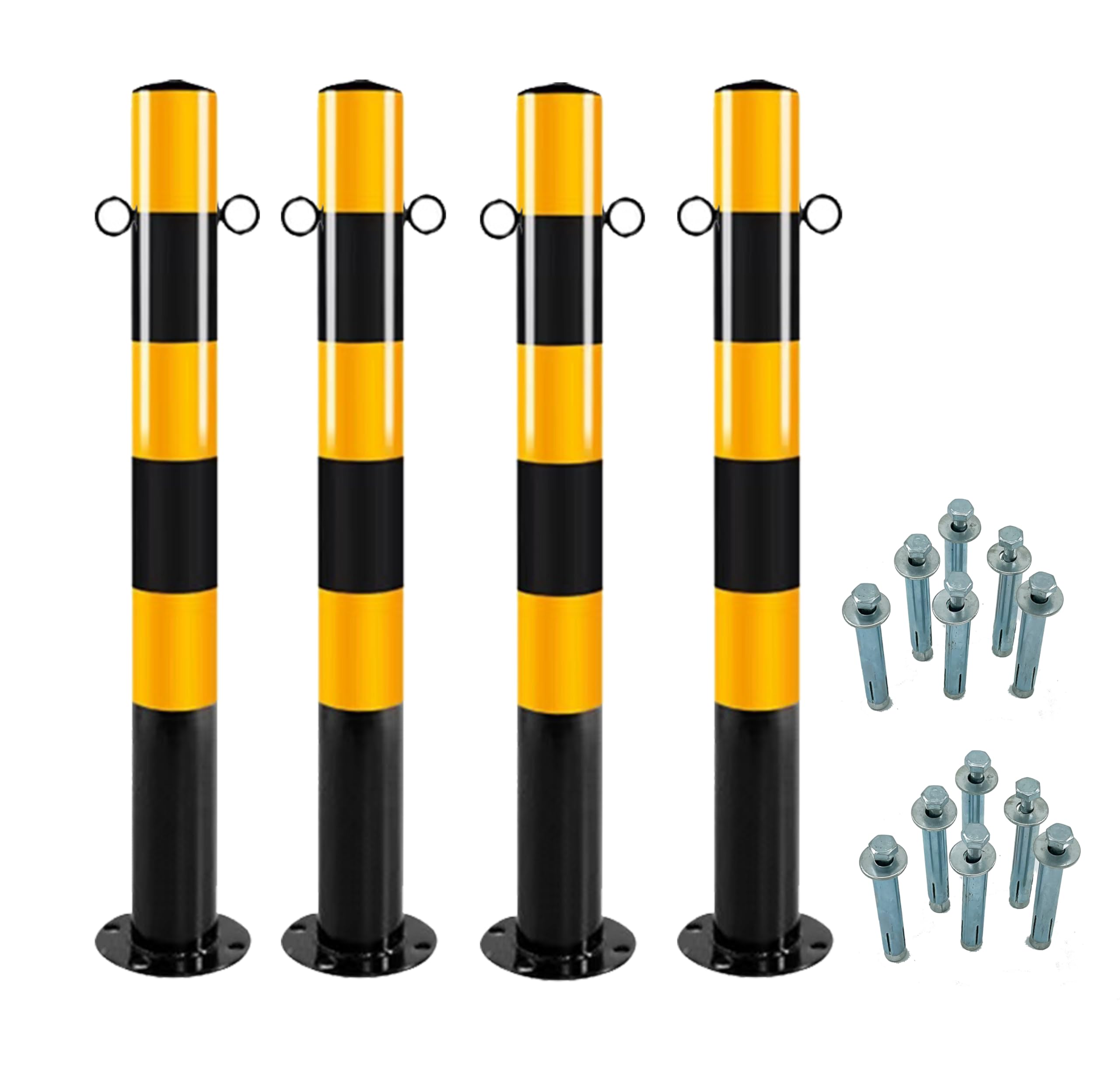 4 postes de bloqueo negro y amarillo, diámetro de 76 mm, altura de 750 mm, 2 ojales para acero, robusto, soporte estable, juego de bolardos con tornillos de fijación