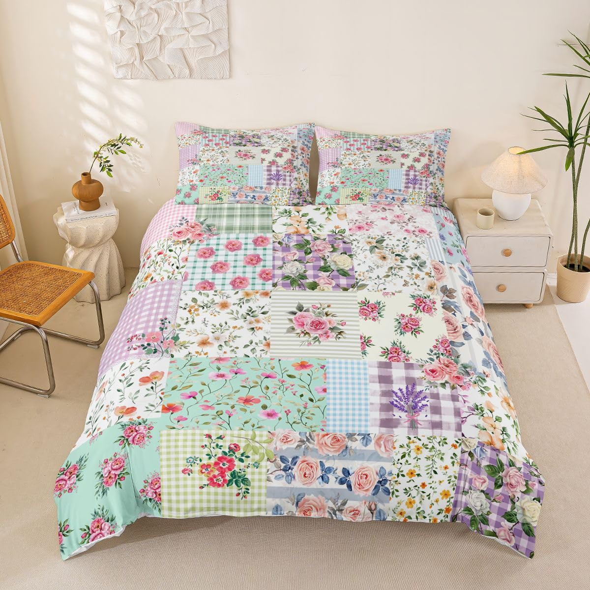 Homemissing Botanical Floral Printed Duvet Cover Double Size Garden Plants Design Bedding Set for Boys Girls Natural Theme Comforter Cover Patchwork Gingham Bedroom Decor 3Pcs