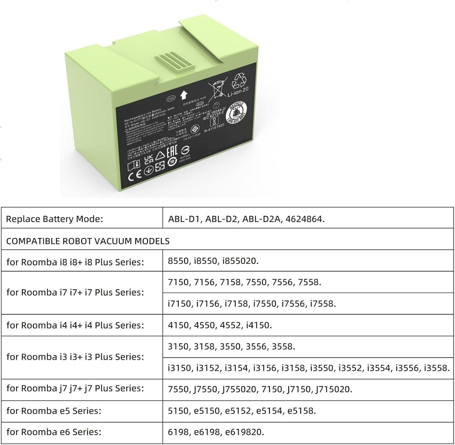 ABL-D1 4INR19/65 akumulator zamienny do iRobot Roomba e and i serii i8 i8+ i7 i7+ i4 i4+ i3 i3+ E5 5150 E5150 E5152 E5154 E5158 E6 6198 E6198 E6J7 J7+ 14.4V 36Wh 2500mAh