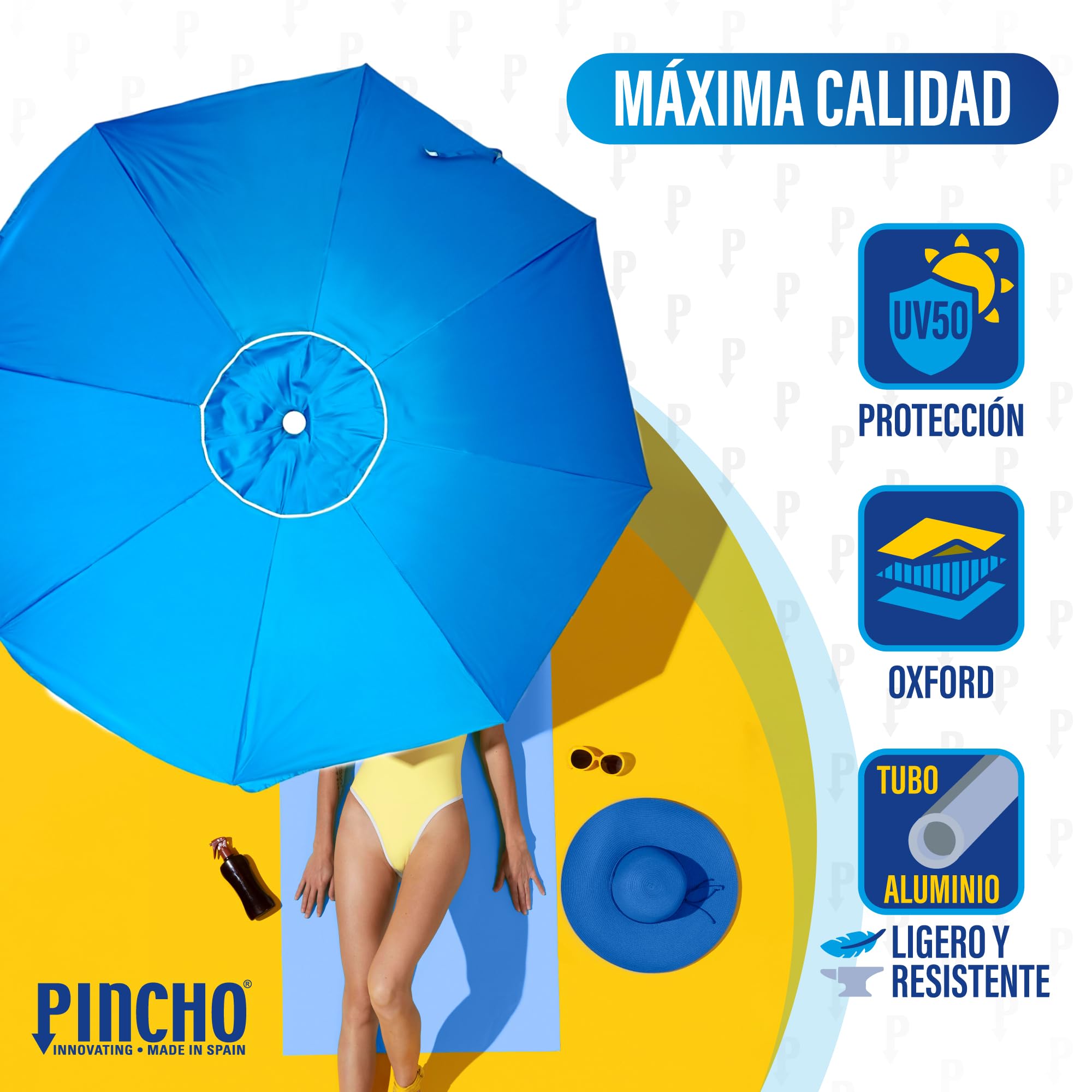 Pincho Sombrilla Playa Grande 240 cm, Antiviento hasta 35km/h, Protección UV 50, Materiales de Calidad, Tubo de Aluminio, 8 Varillas de Fibra, Palo reclinable (30_240 CM)