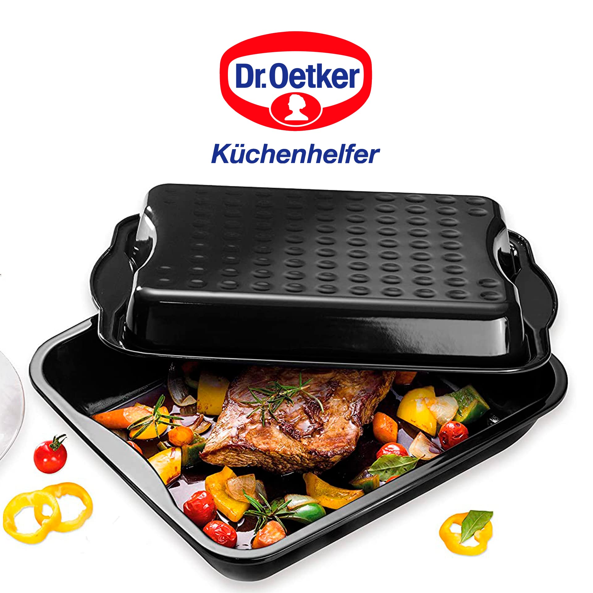 Dr. Oetker Fuente para horno alta y rectangular con tapa-Besuguera-Rustidera antiadherente esmaltado negro-Bandeja XXL, resistente hasta 400ºC, hecha en Alemania, 42x34x7,5cm, 1ud.