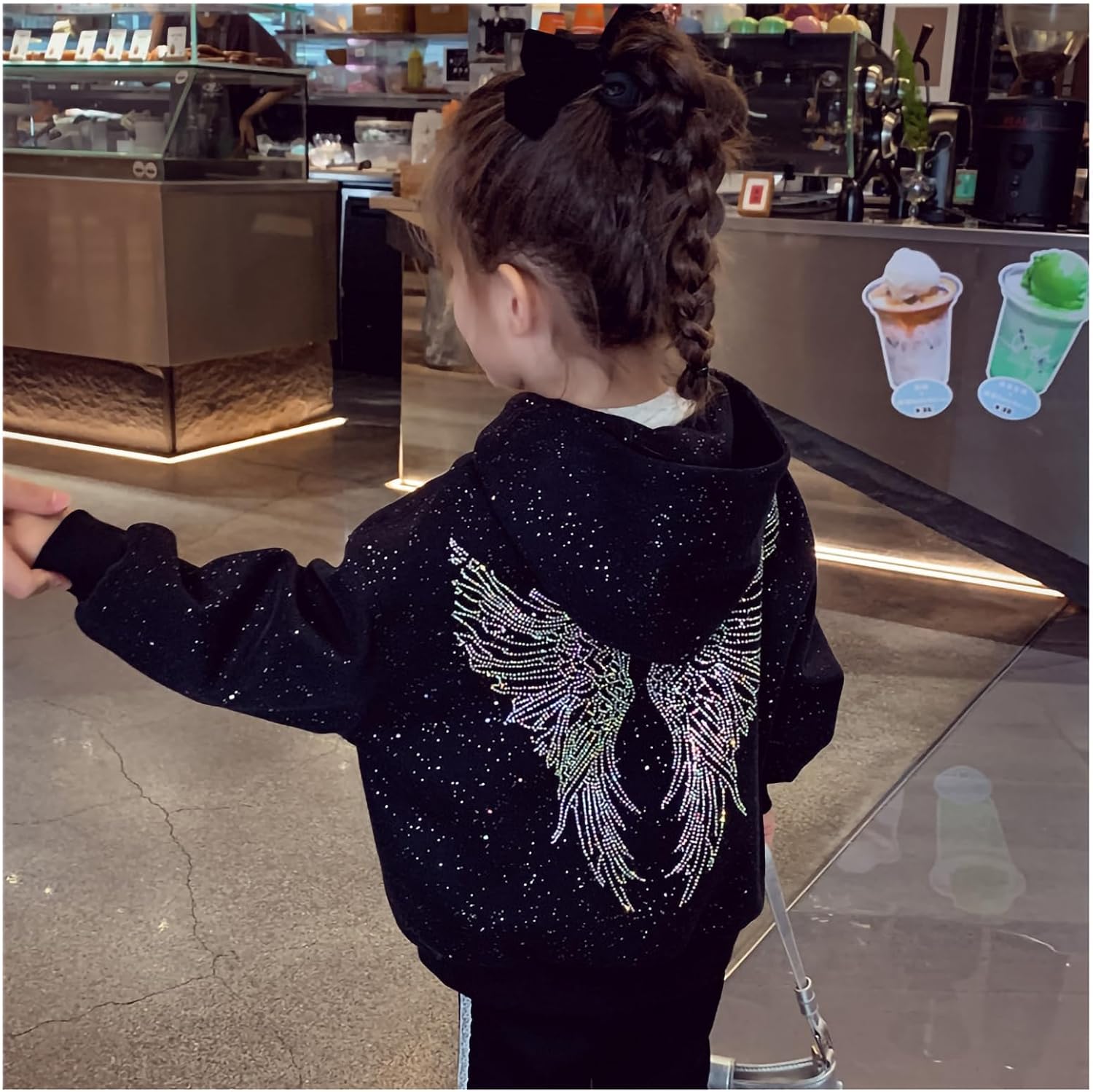 Kids Shiny Rhinestone Angel Wings Long Sleeve Hoodie Zipper Casual Hooded Sweatshirt Jacket
