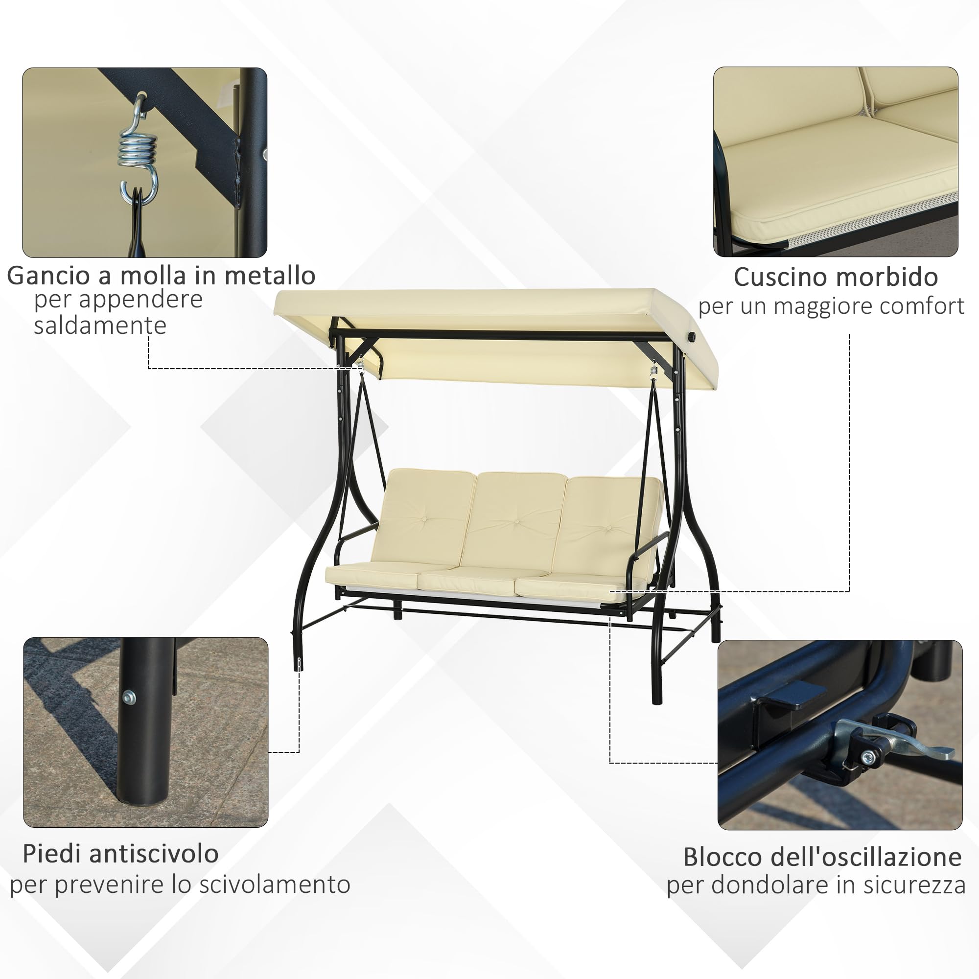 Outsunny Dondolo da Giardino 3 Posti, Dondolo Letto per Esterni con Tettuccio Regolabile, in Metallo e tessuto Teslin, Beige e Nero