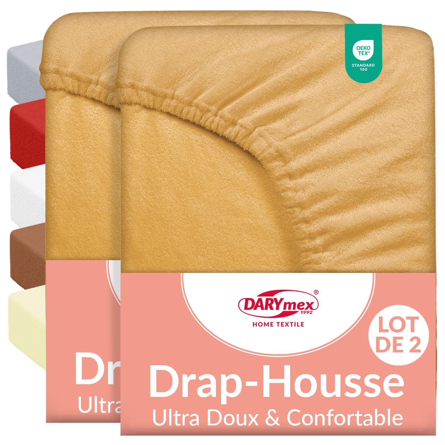 Darymex 2X Drap-Housse Frotté 180x200 cm, Extensible, Coton, Jaune Moutarde