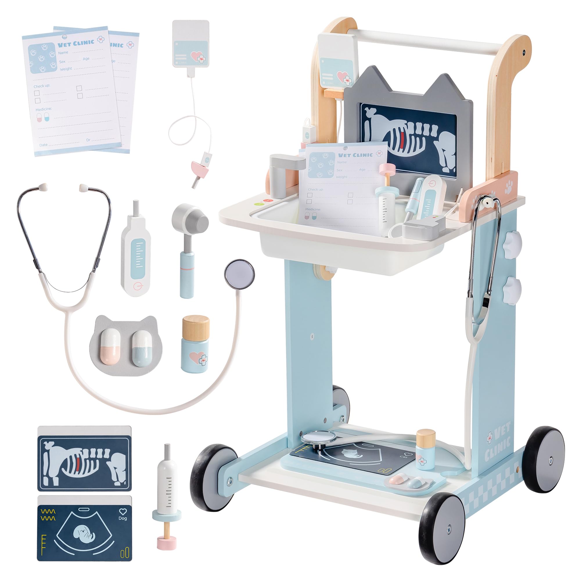 ROBOTIME Juego de mesa de madera para niños a partir de 3 años | Carro de tratamiento móvil con estetoscopio, jeringa y termómetro para juegos de rol imaginativos