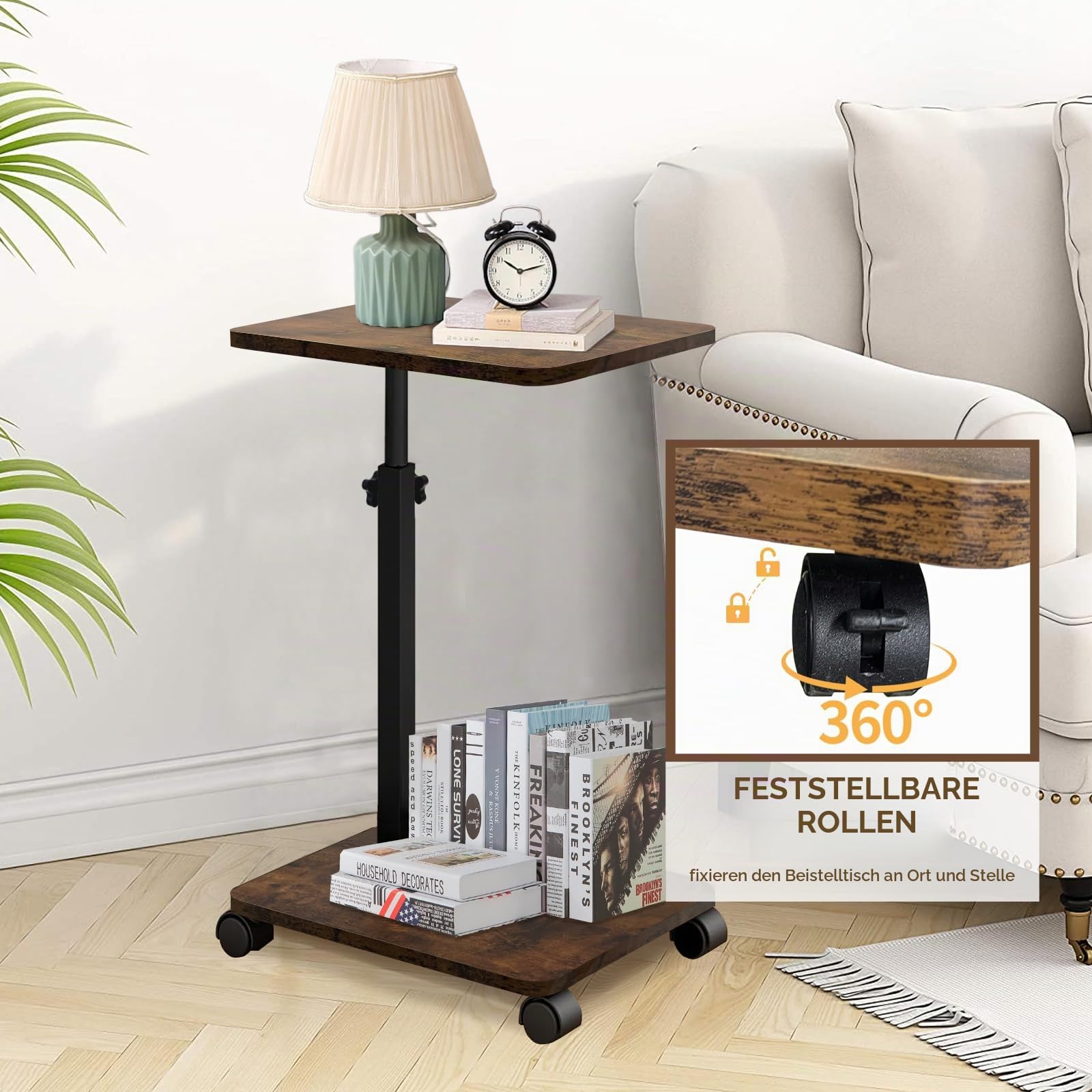Beistelltisch Höhenverstellbar mit Rollen Kleiner Beistelltisch C Form Couchtisch Sofatisch Side Table 360° Rotierend Betttisch für Sofa Bett Wohnzimmer und Schlafzimmer Retro-Braun