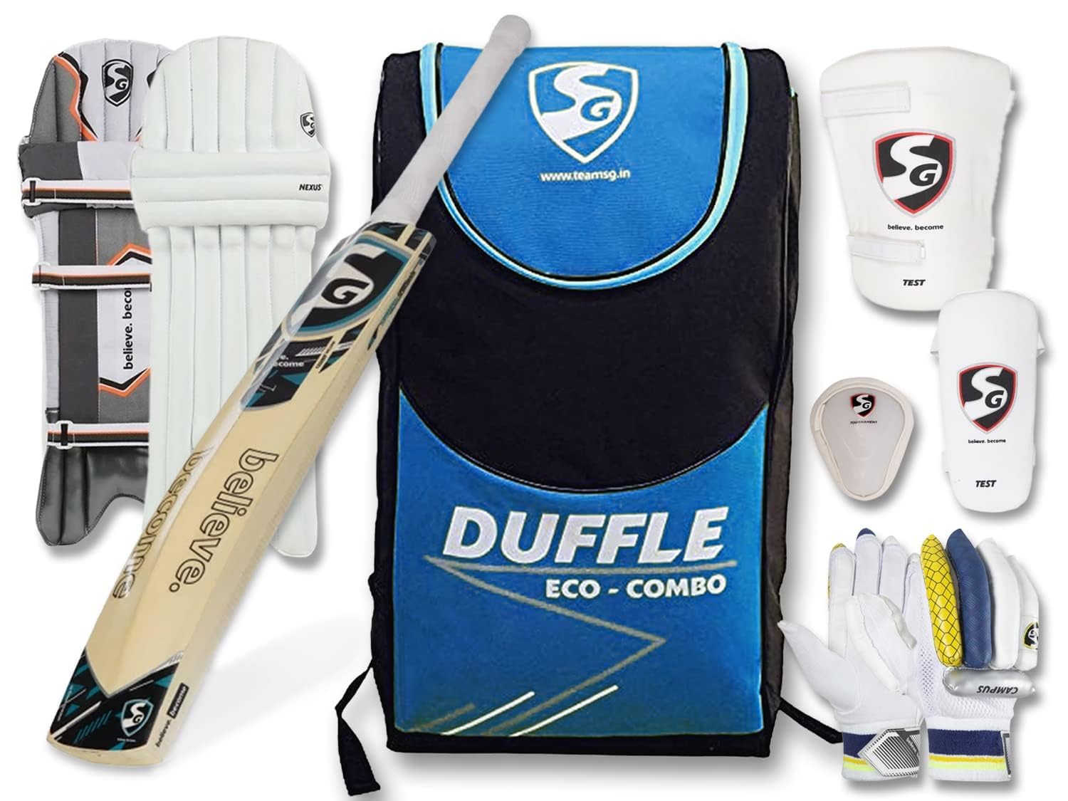 SG Eco Duffle Cricket Kit, Kashmir Willow Bat, Batting Pads, Gloves,Kitbag,Guard and Protection Gear (Blue/Black, SH)-image-25
