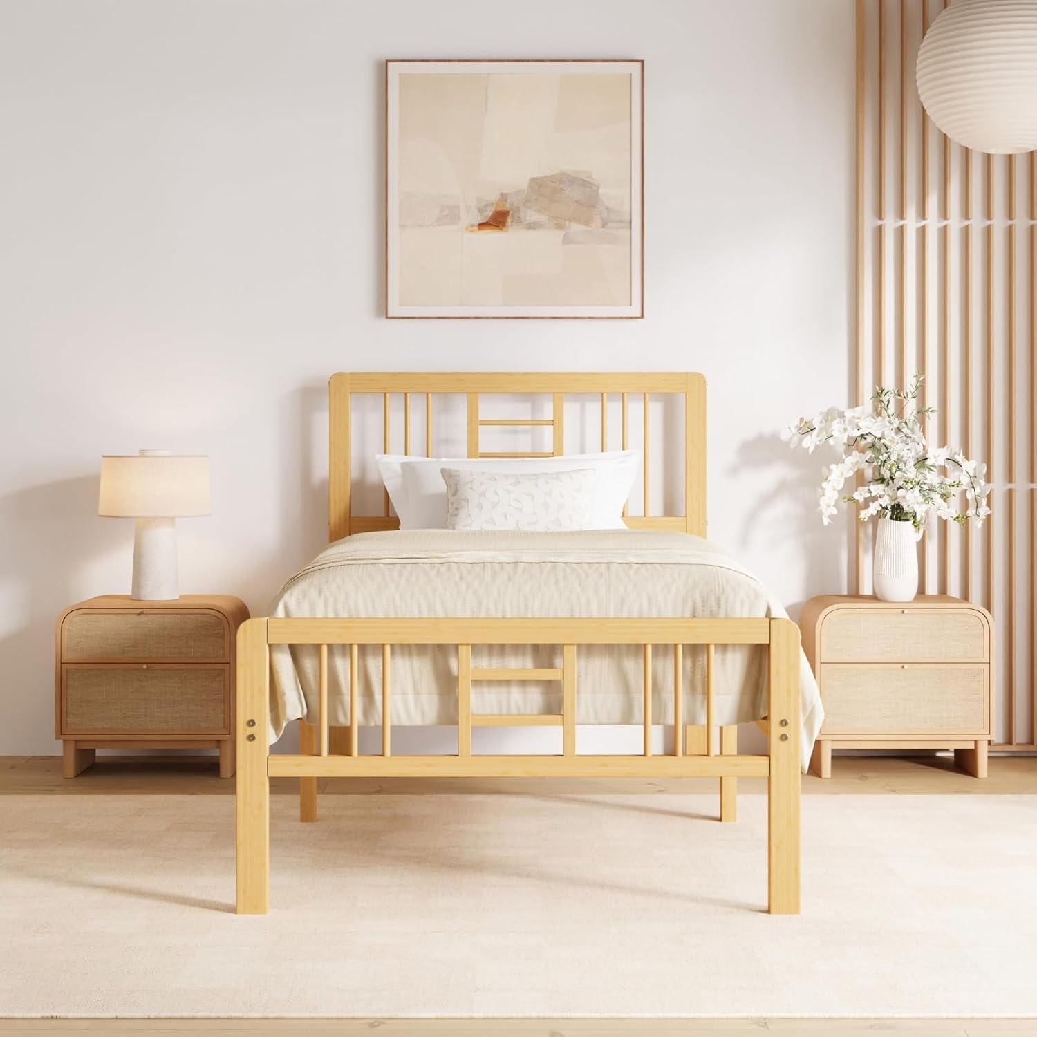 Hunlostten 14 in High Bamboo Wood Twin Bed Frame with Headboard & Footboard, Platform Bed Frame Twin Size with Steel Slats Support, Heavy Duty, No Box Spring Needed, Easy Assembly