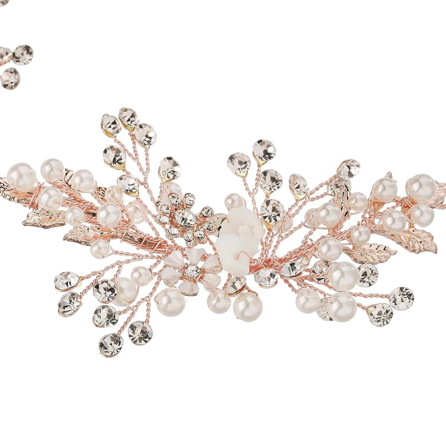 527&huan White Flower Pearl Rhinestone Bridal Headband, Handmade Rose Gold Wire Woven Wedding Hair Vine, Ceramic Floral Hair Accessory, Adjustable Satin Ribbon HeadPiece for Bridesmaid Prom Pageant image 2