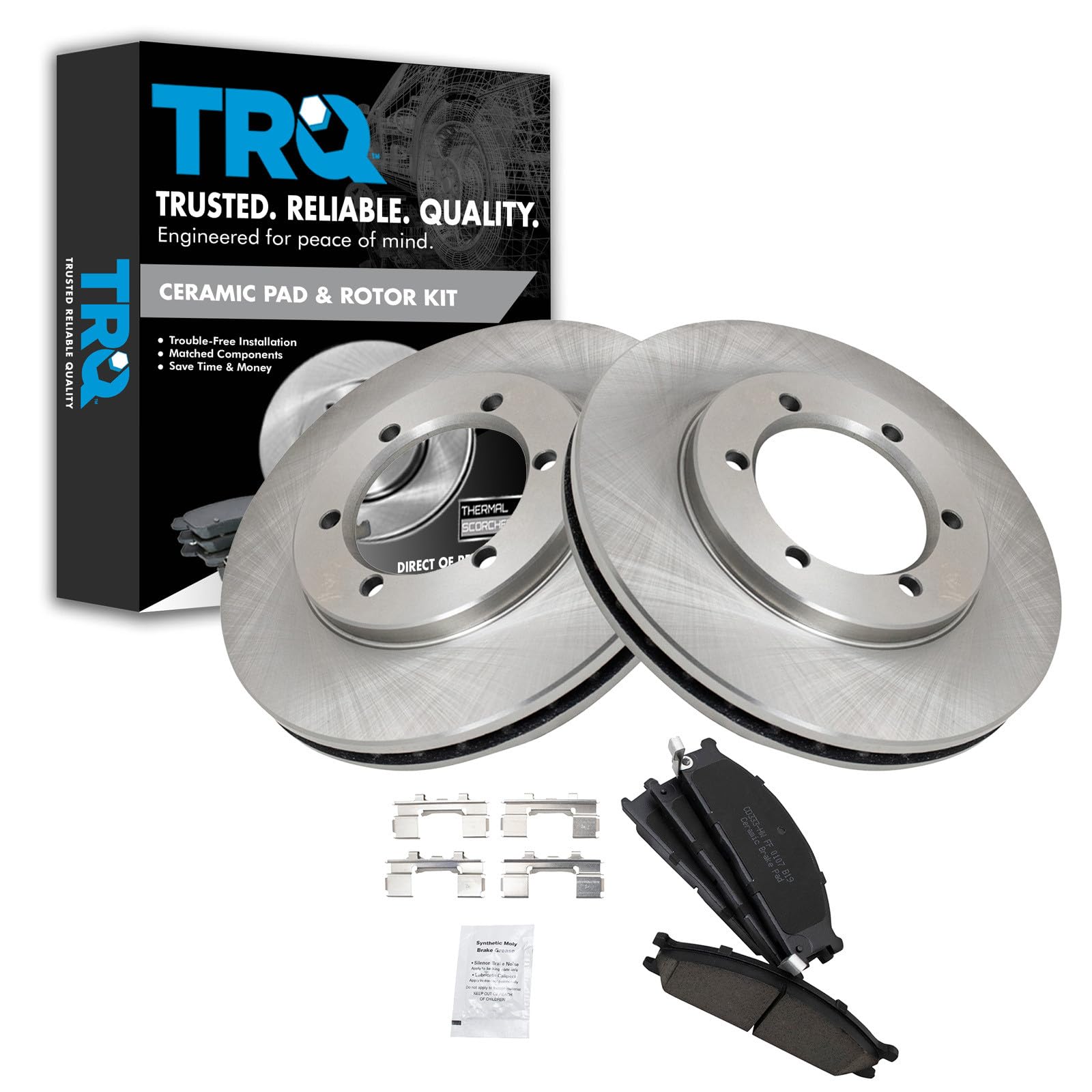 TRQ Front Ceramic Brake Pad and Rotor Set Compatible with 1999-2004 Nissan Frontier L4 2.4L Rear Wheel Drive; 1998 Nissan Frontier Rear Wheel Drive