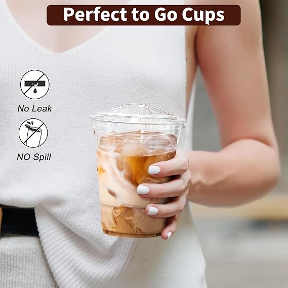KAHEIGN 50Pcs Clear Plastic Cups with Lids, 480ml Plastic Coffee Tumbler Reusable Drink Cup Elegant Party Beverage Glasses for Iced Coffee Smoothie Milkshake Cold Drinks Party Catering