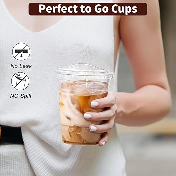 KAHEIGN 50Pcs Clear Plastic Cups with Lids, 480ml Plastic Coffee Tumbler Reusable Drink Cup Elegant Party Beverage Glasses for Iced Coffee Smoothie Milkshake Cold Drinks Party Catering