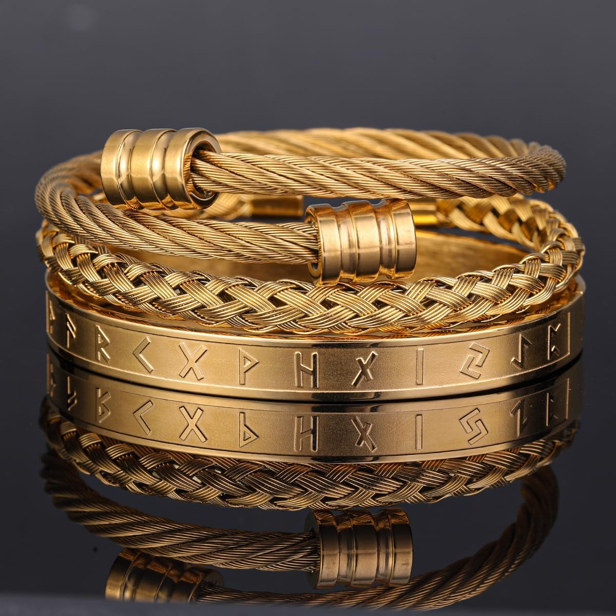 3PCS Stainless Steel Bracelets for Men Viking Runes Words. Twisted Cable Bracelet Adjustable Cuff Bracelet Mens Luxury Jewelry Bracelets Gifts - Image 2